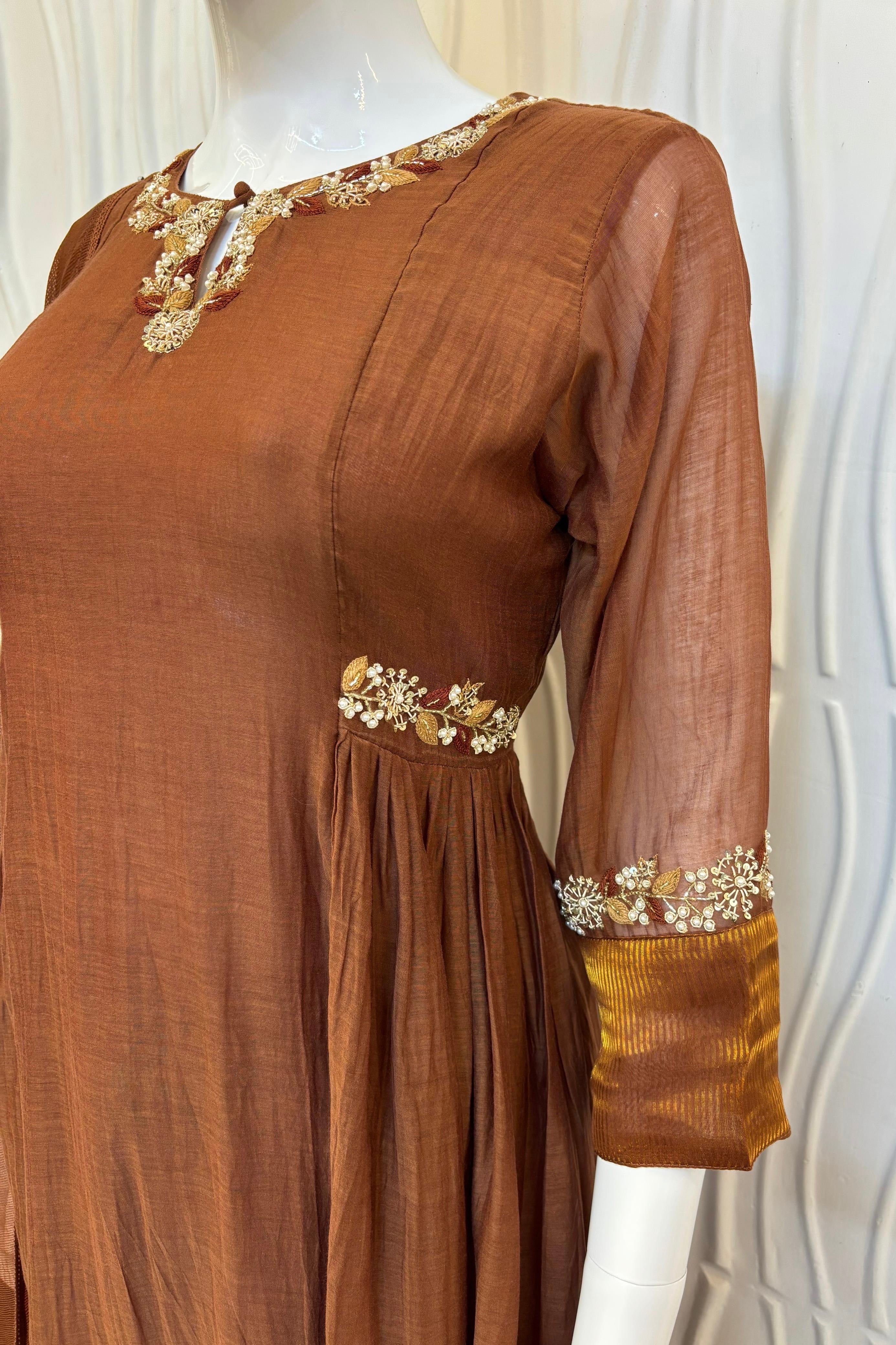 ✨Aabira – Coffee Brown Mul Chanderi Anarkali kurti bottom with dupatta