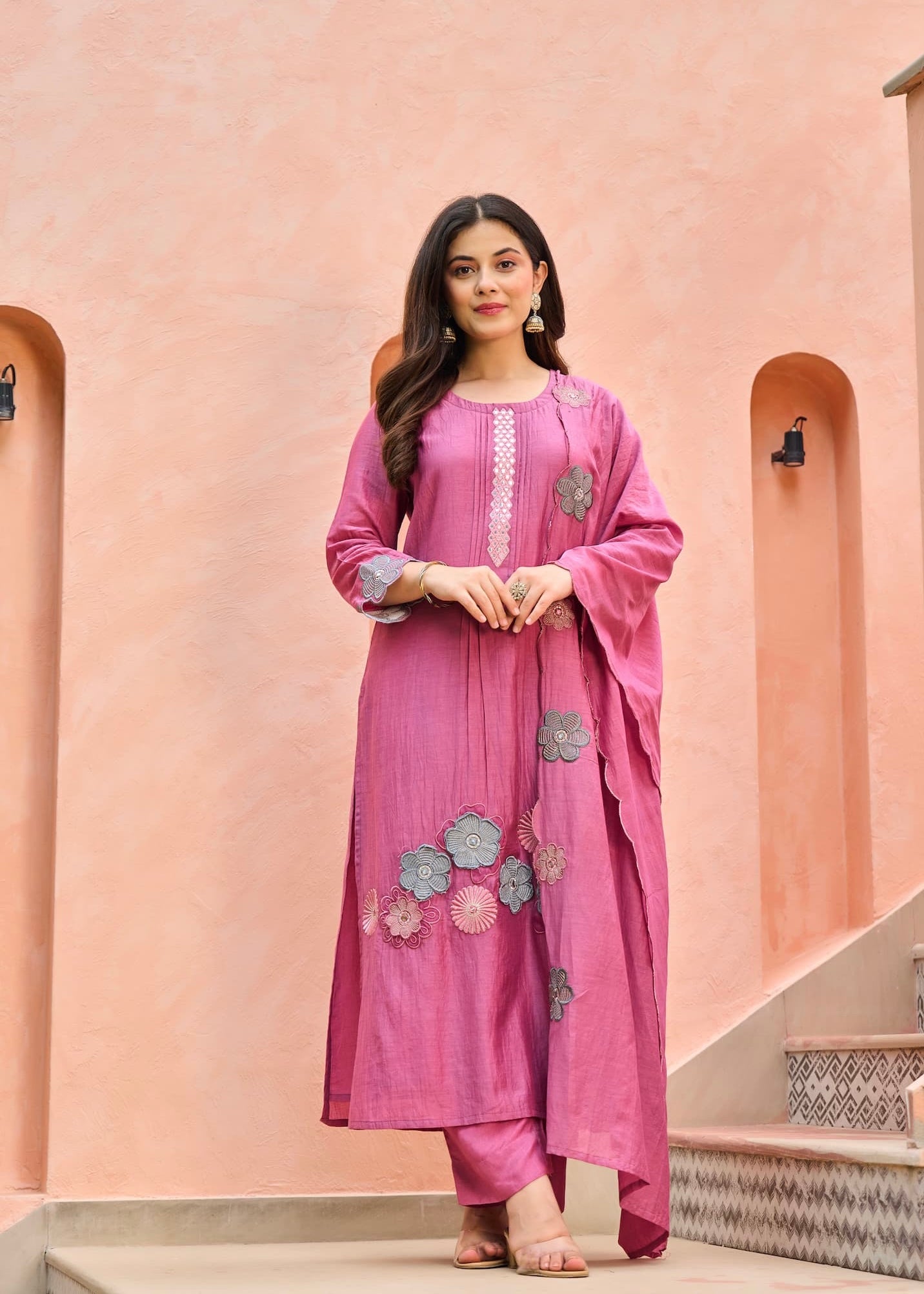 “Anya” Bloomberry Blush Mul Chanderi Suit Set