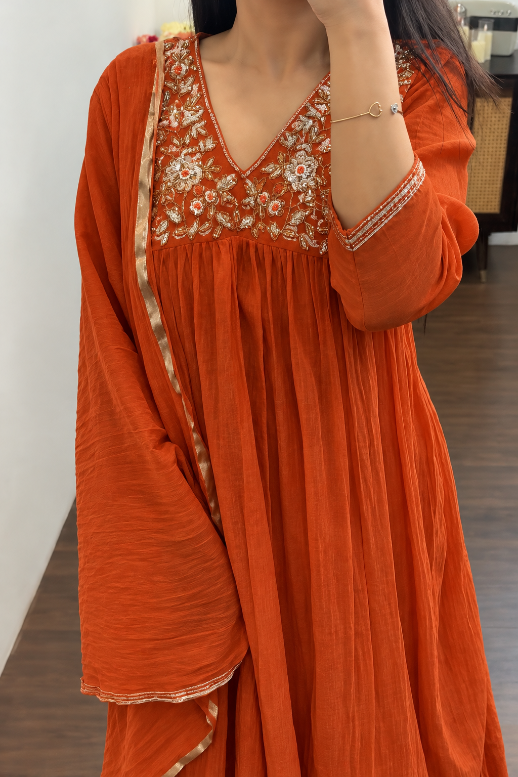 ✨”Mahek-Rust Orange Mul Chanderi A-Line Kurta Set✨