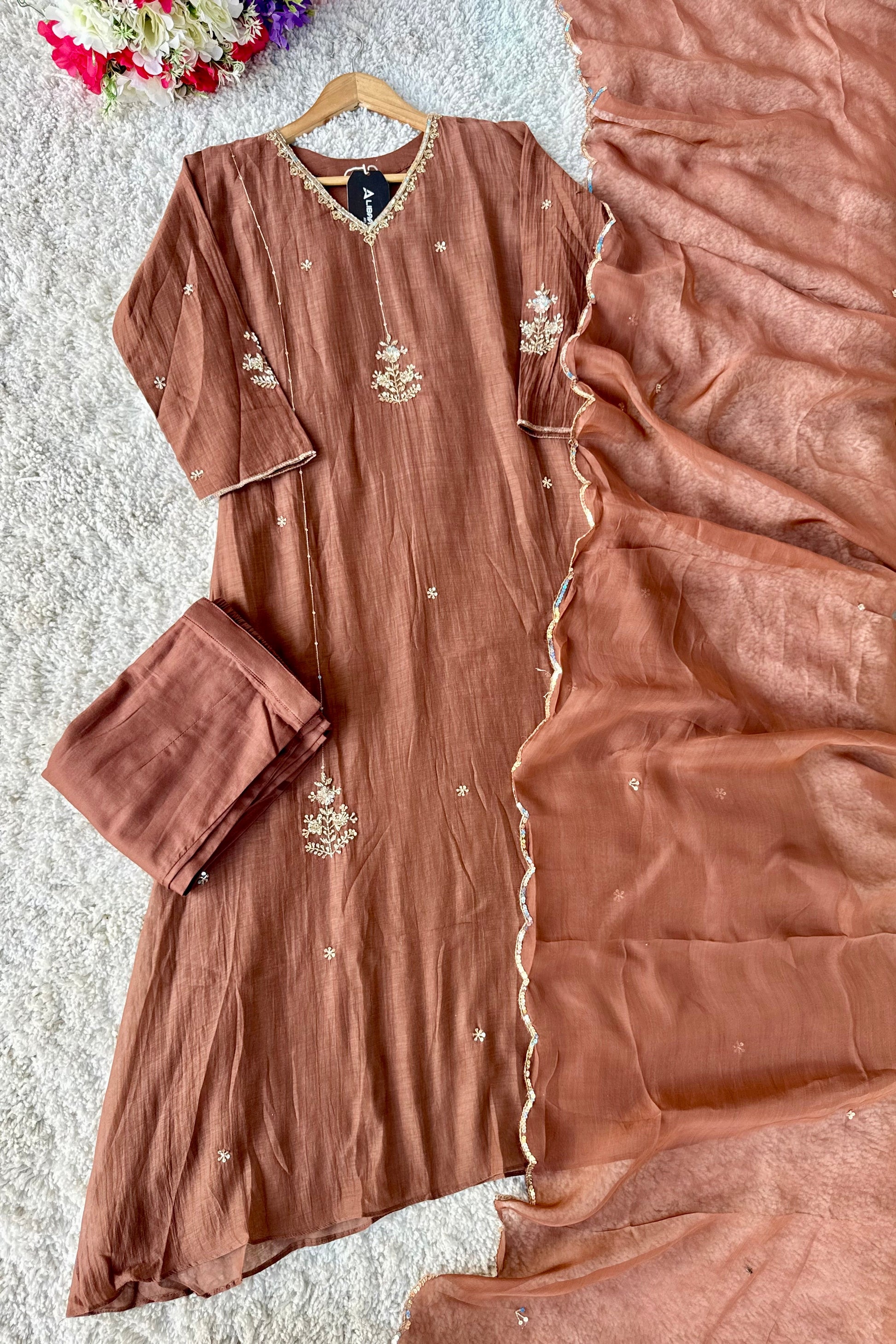 ”Grace- Premium Rich Brown Mul Chanderi Kurta Set 🛍️