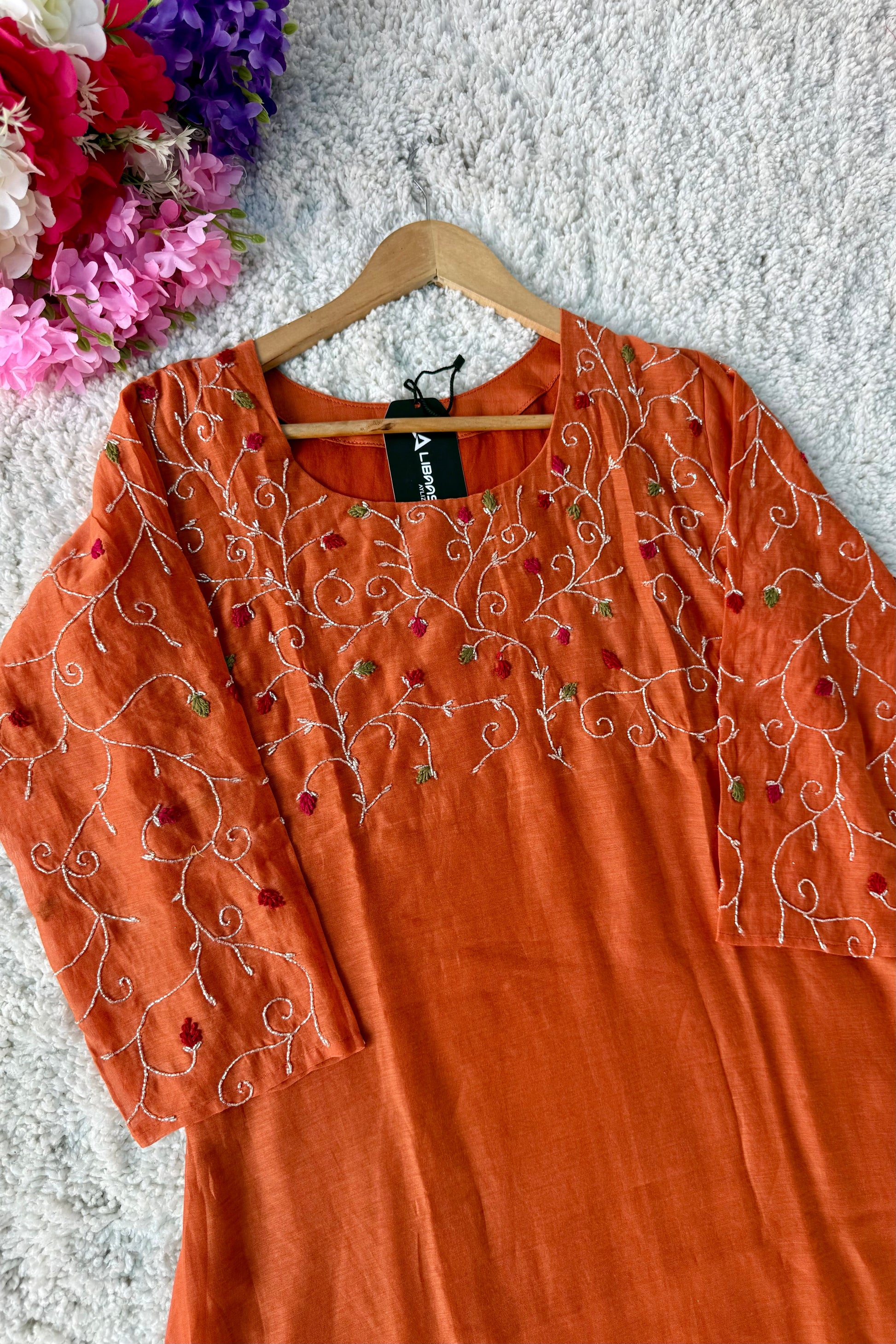 ✨AZ03 - Beautiful Rust Orange Mul Chanderi A Line Kurta set