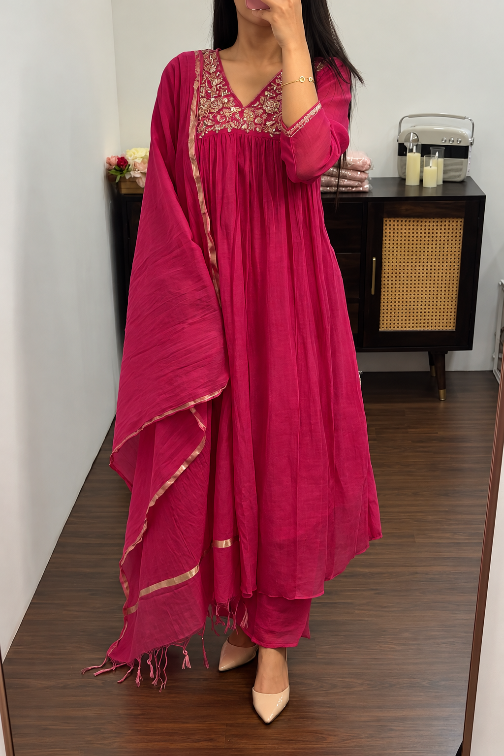 ✨”Mahek-Megenta Pink Mul Chanderi A-Line Kurta Set✨