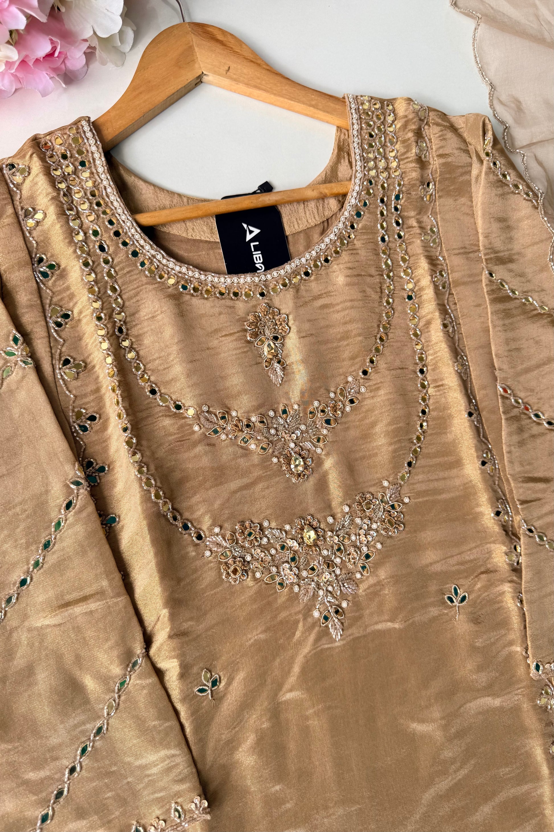 ✨Pearl – Premium Gold Beige  Mirror Work Tissue A Line Kurta Set