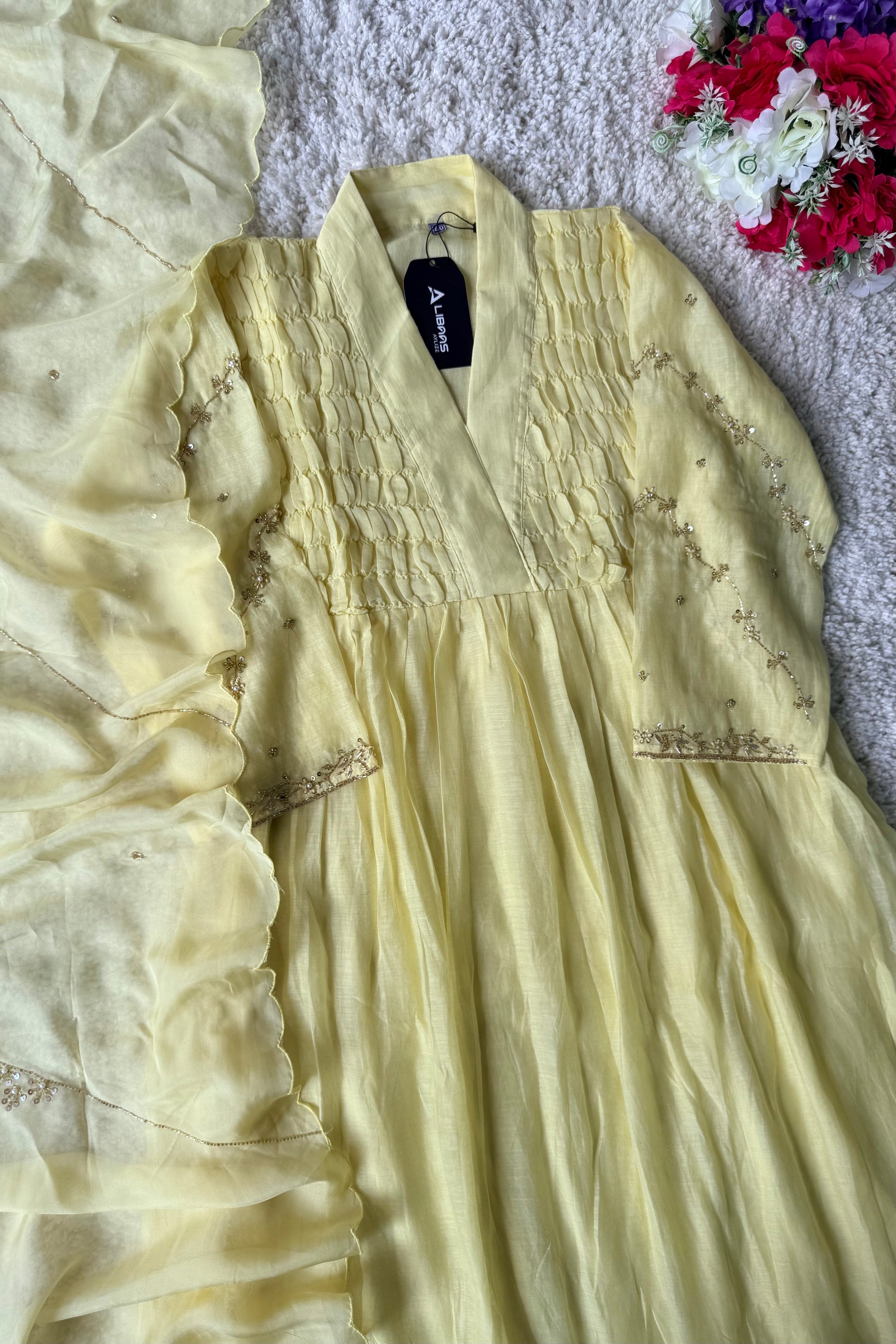 ✨Umang- Premium Yellow Mul Chanderi Anarkali Kurta Set