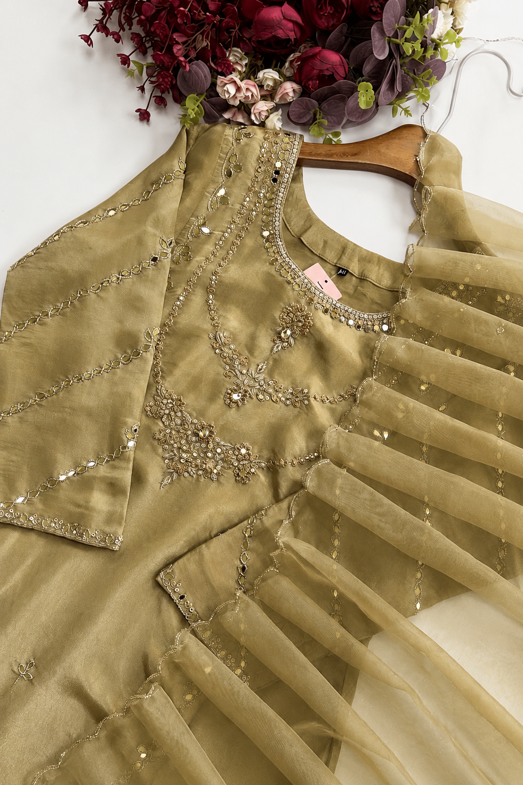 ✨Pearl – Premium Blush Antique Green Tissue A Line Kurta Set