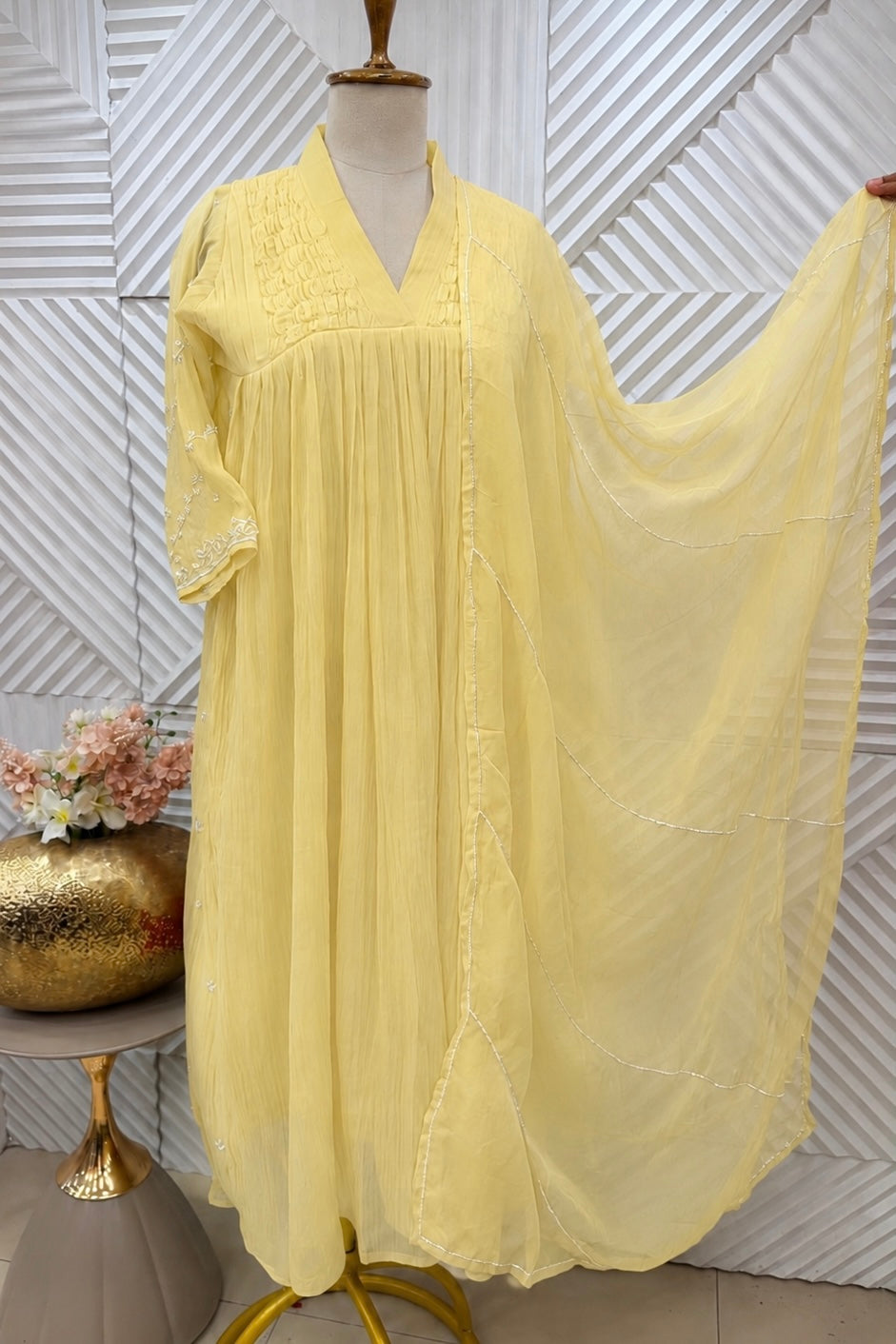 ✨Umang- Pre Book Premium Yellow Mul Chanderi Anarkali Kurta Set