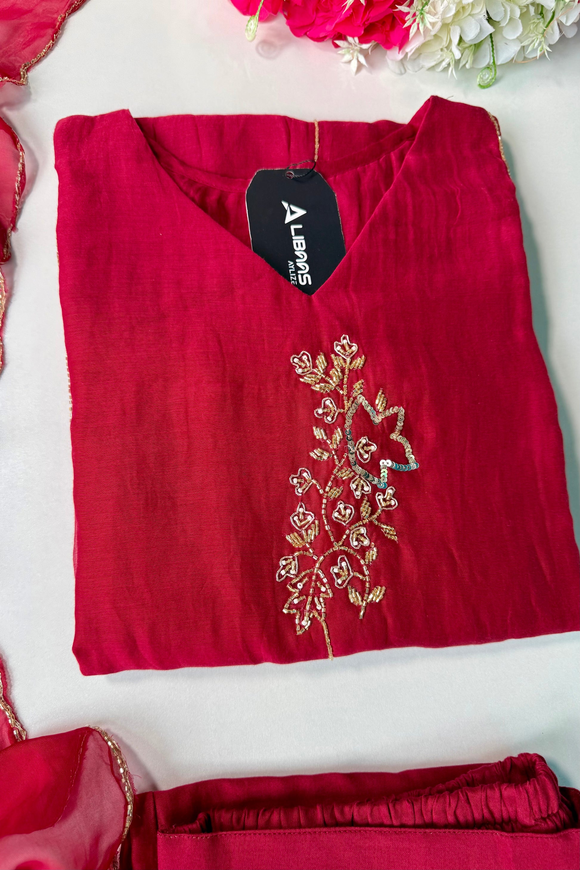 ✨”Rida - Premium Red Mul Chanderi A-Line Kurta Set