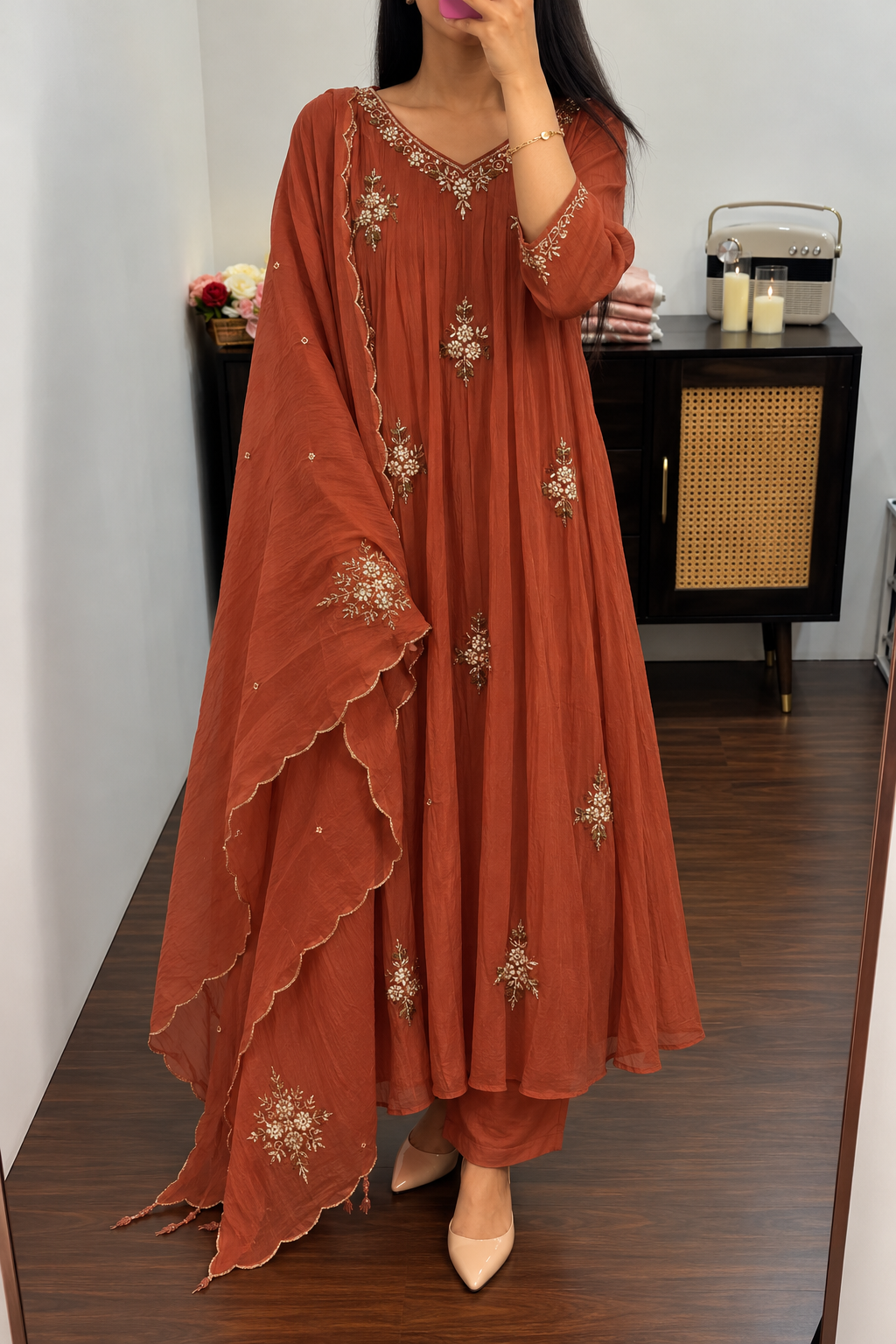 🧡 Zidan- Premium Rust Orange Mul Chanderi A Line Suit set