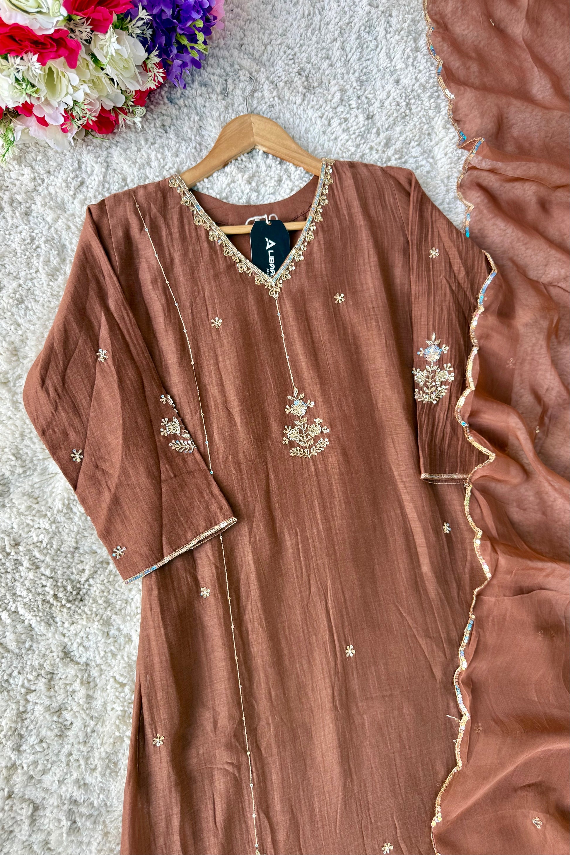 ”Grace- Premium Rich Brown Mul Chanderi Kurta Set 🛍️