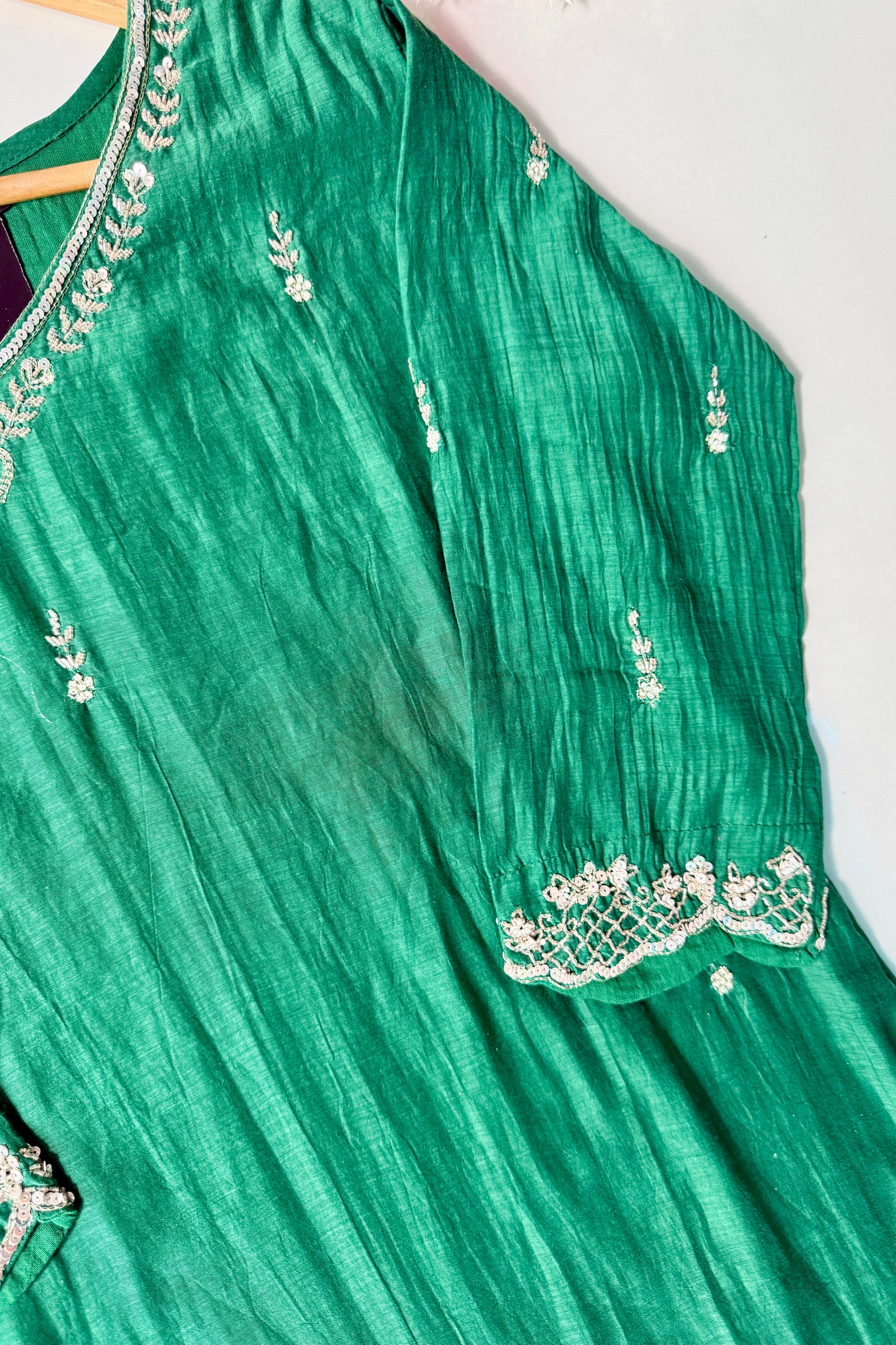✨”Eshal - Premium Green Mul Chanderi A-Line Kurta Set