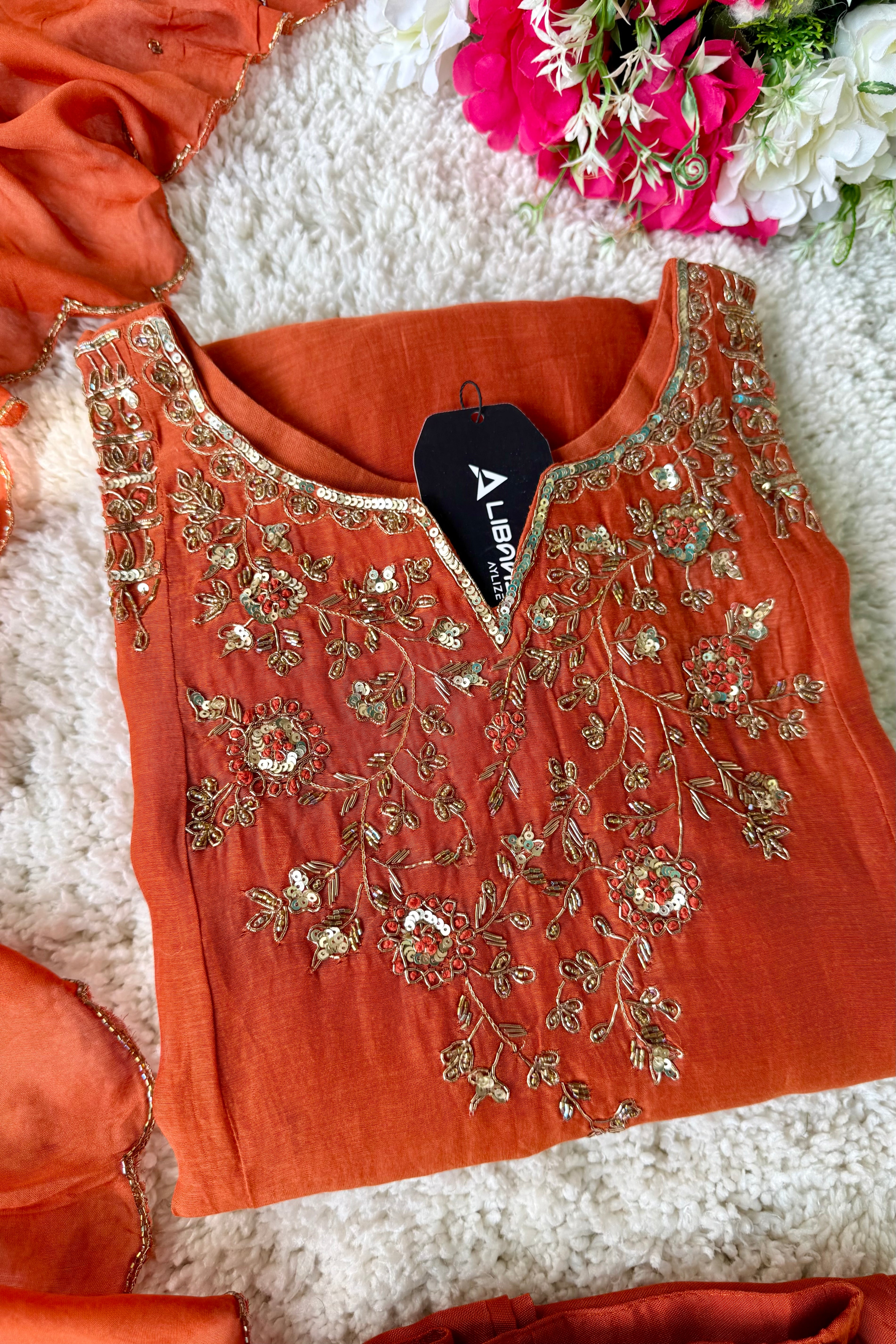 ✨Daisy - Premium Ornage Mul Chanderi A-Line Anarkali Kurta set