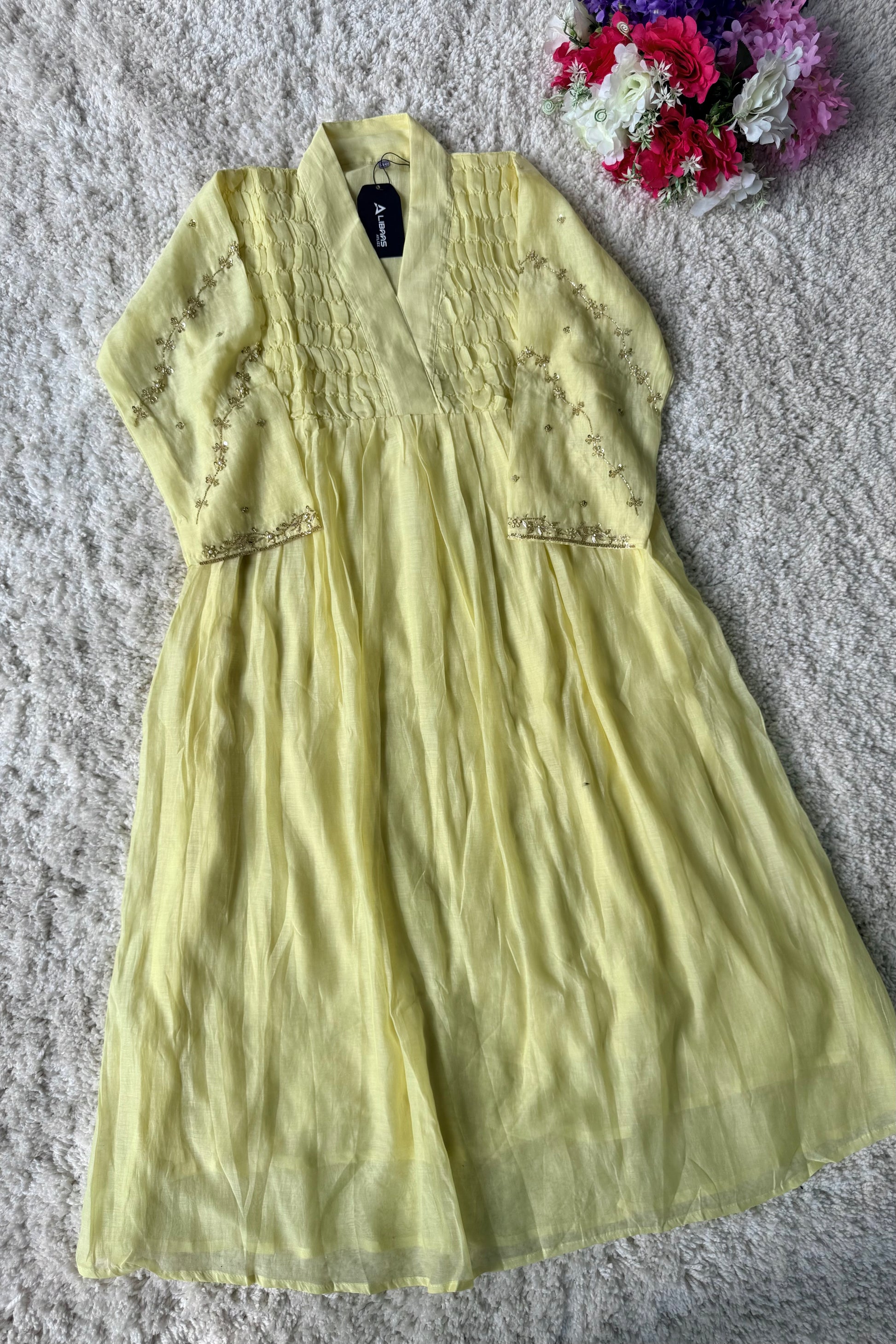 ✨Umang- Premium Yellow Mul Chanderi Anarkali Kurta Set