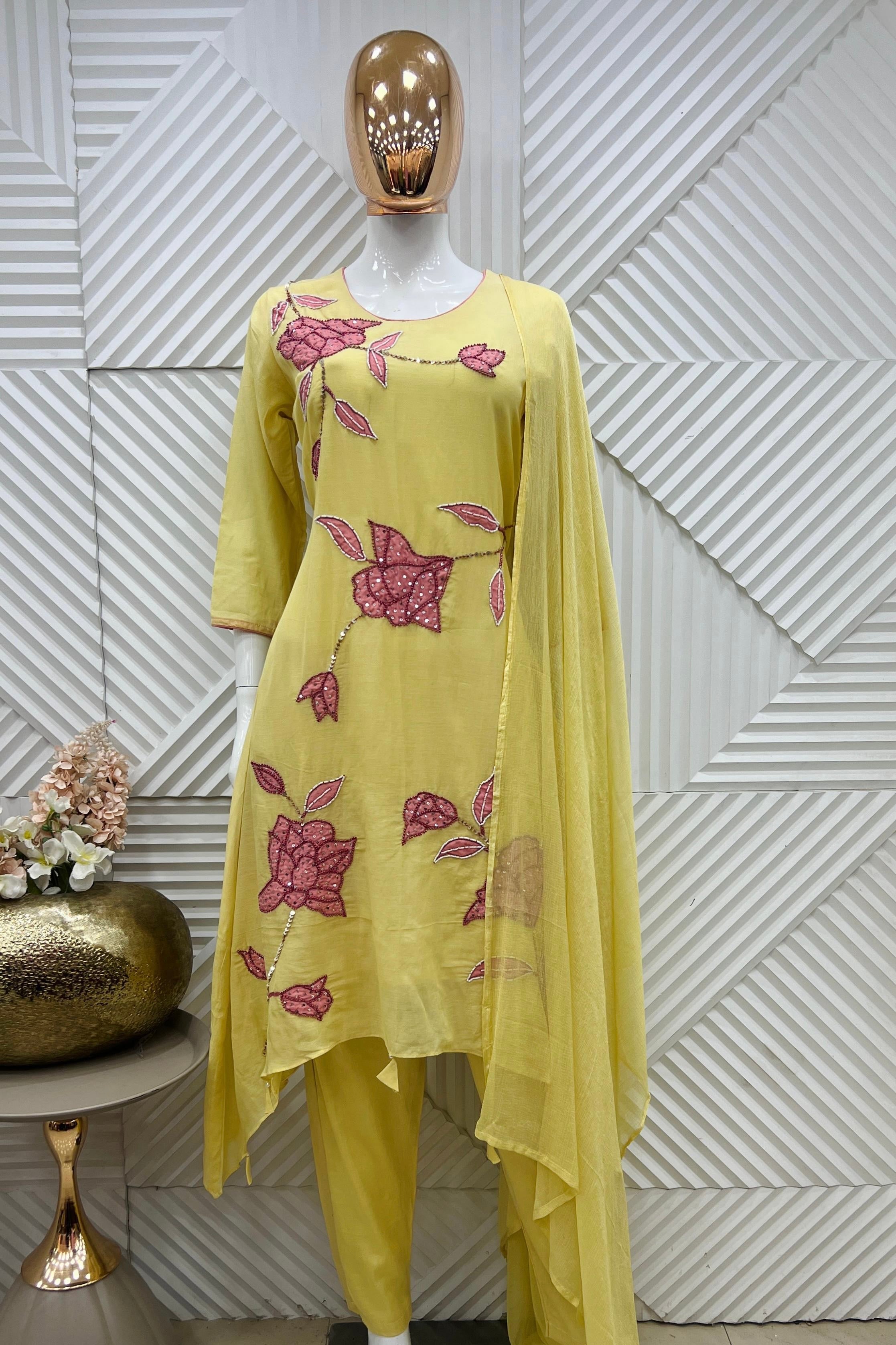 ✨Ay09- Premium Mul Chanderi Applique Work A Line Suit