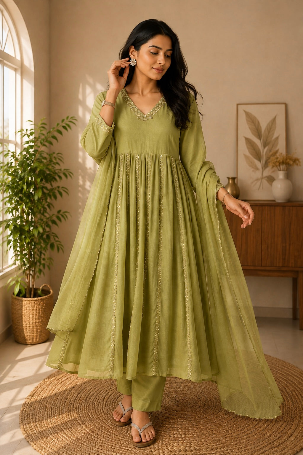 ✨Florence - Olive Pistachio Mul Chanderi Anarkali Suit set 🛍️