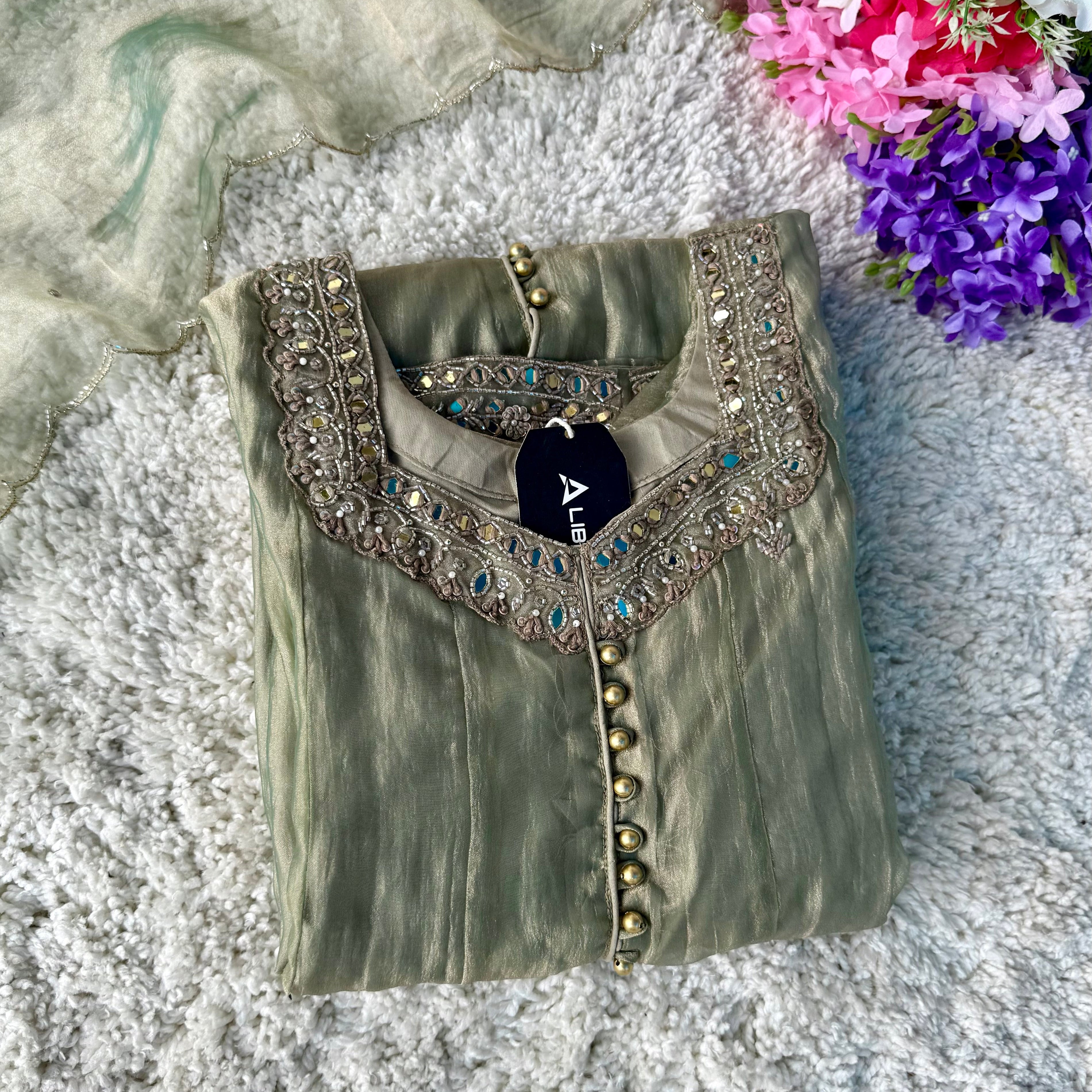 ✨Aiyana- Crushed Tissue Heavy Handwork Anarkali Suit