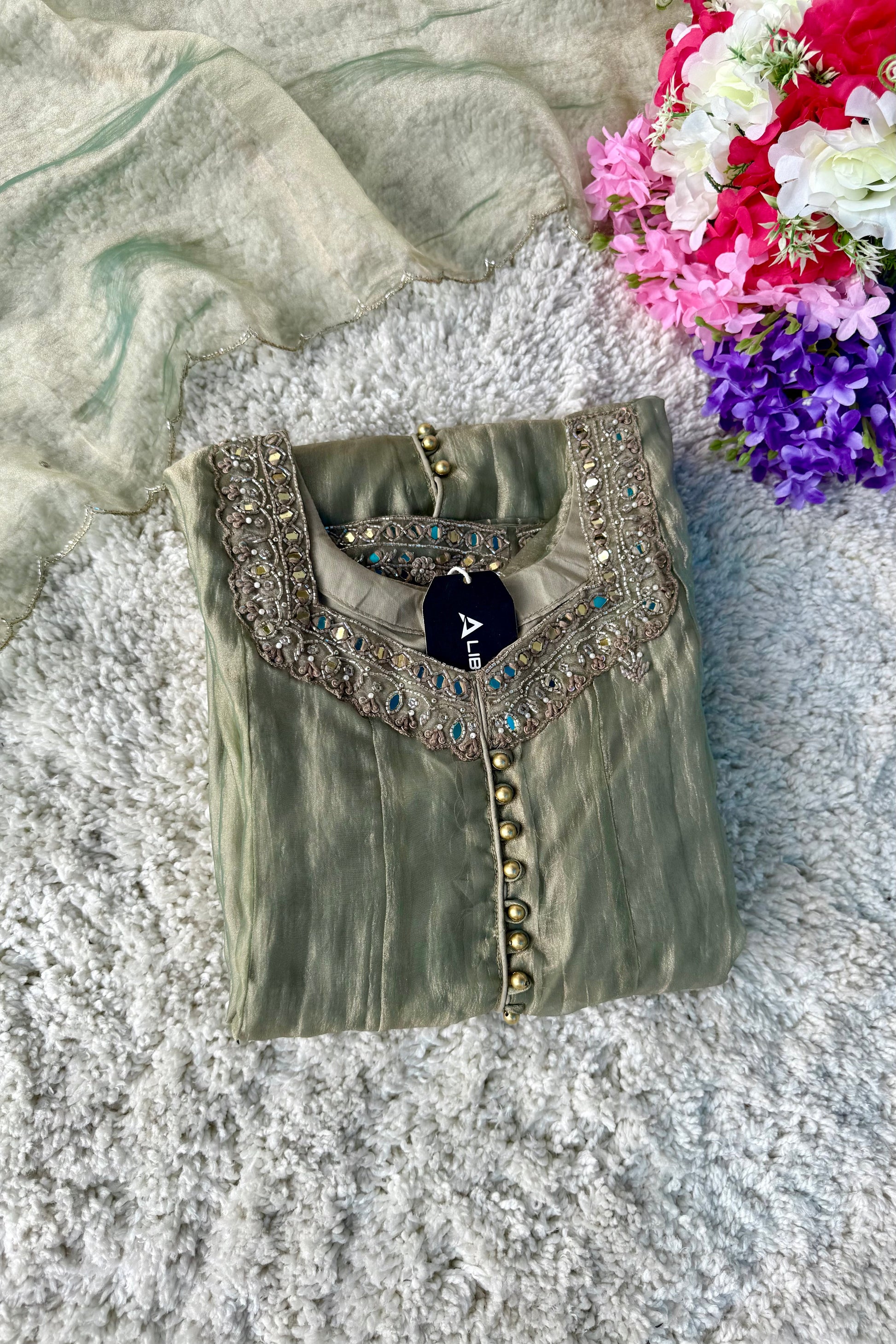 ✨Aiyana- Crushed Tissue Heavy Handwork Anarkali Suit