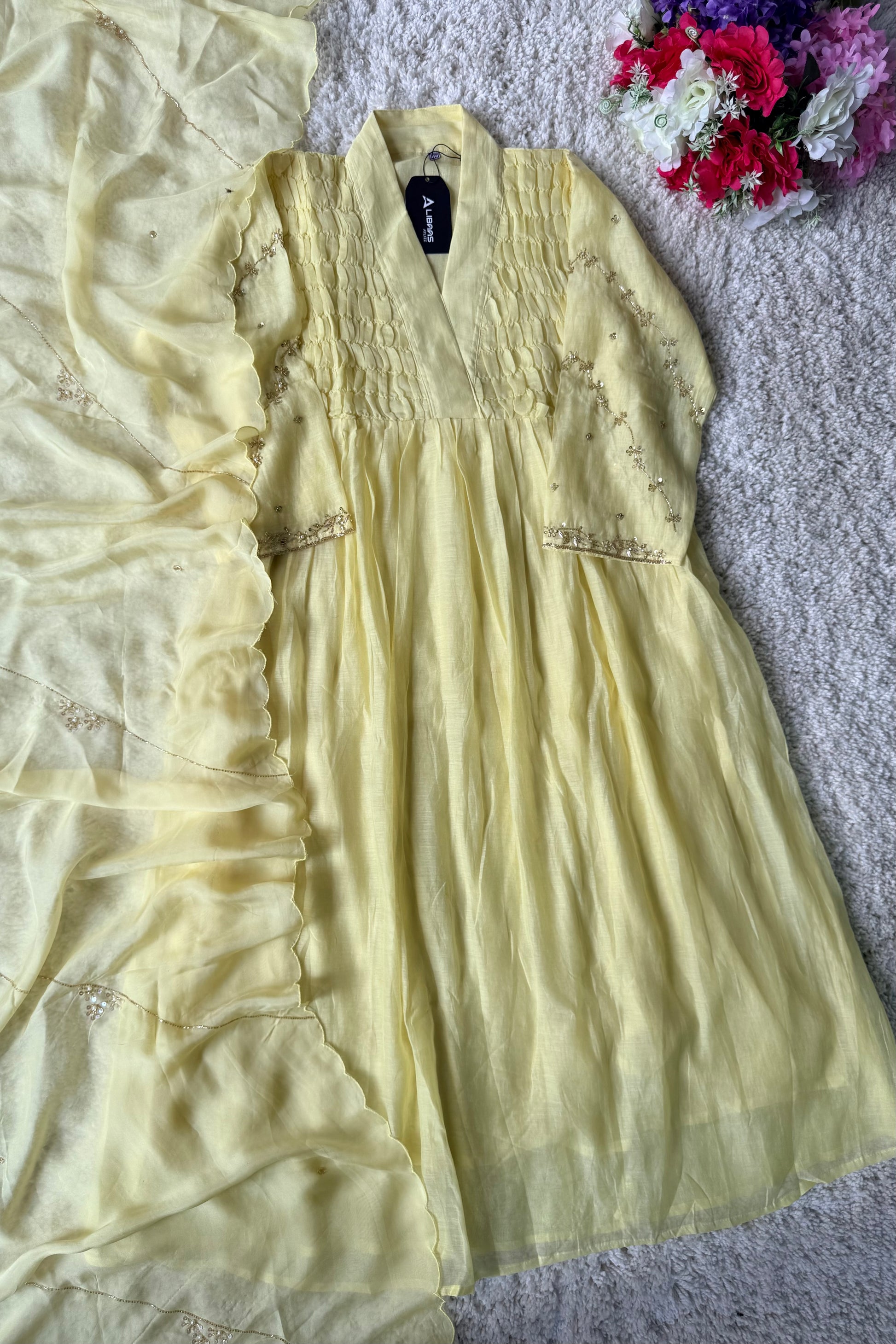 ✨Umang- Premium Yellow Mul Chanderi Anarkali Kurta Set