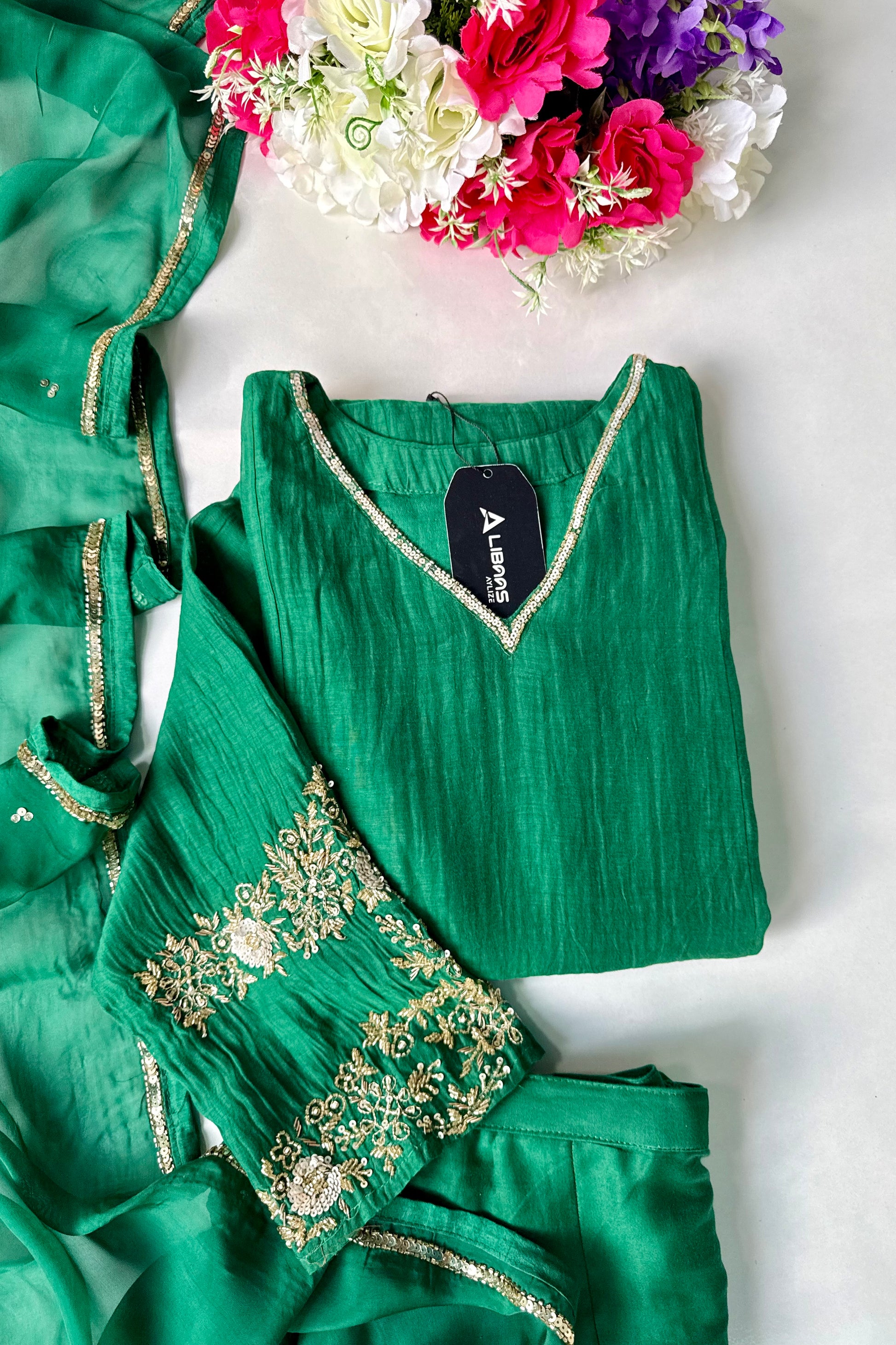 ✨”Amaya - Premium Green Mul Chanderi A-Line Kurta Set