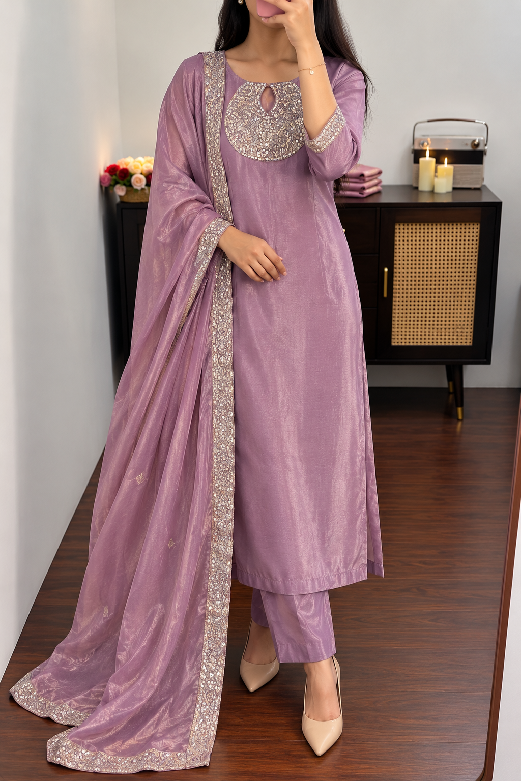 “SHINE” Beautiful Lavender with gold shimmer tissue kurta set