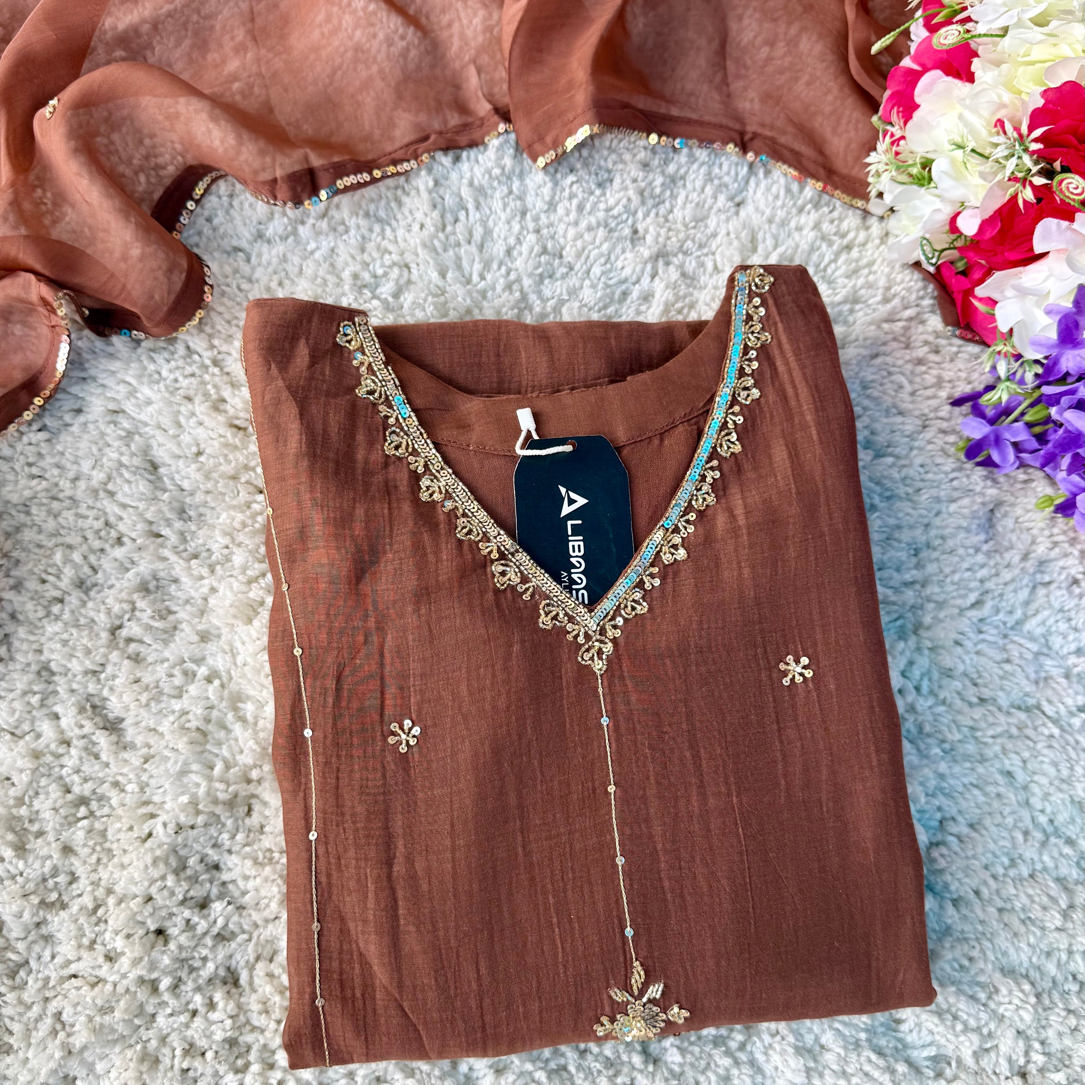 ”Grace- Premium Rich Brown Mul Chanderi Kurta Set 🛍️