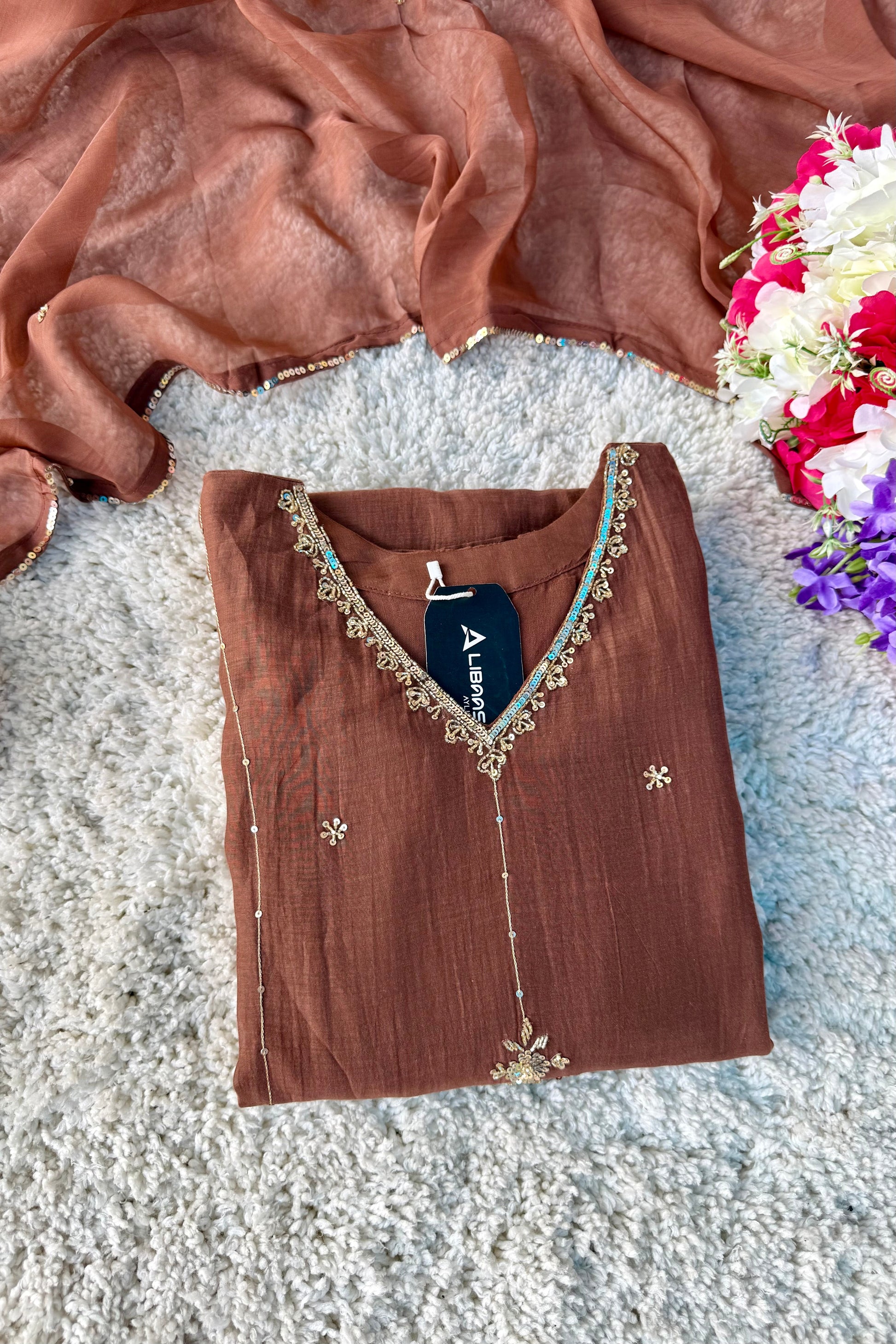 ”Grace- Premium Rich Brown Mul Chanderi Kurta Set 🛍️