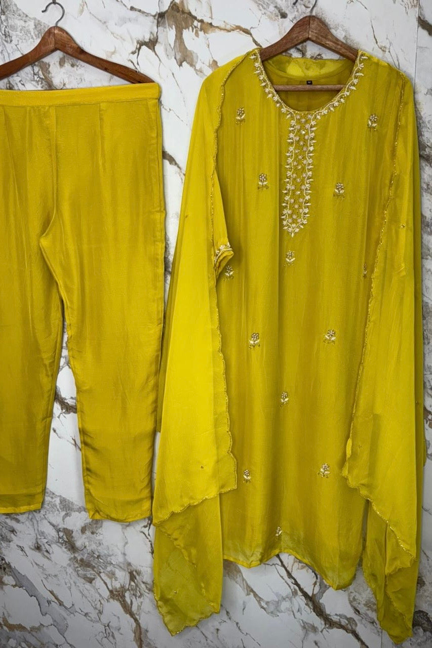 ✨ “Ariana – Mustard Yellow Premium Chinnon handwork kurta set