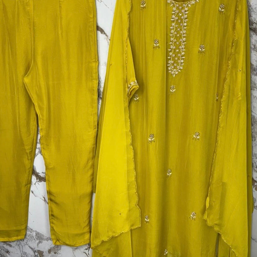 ✨ “Ariana – Mustard Yellow Premium Chinnon handwork kurta set