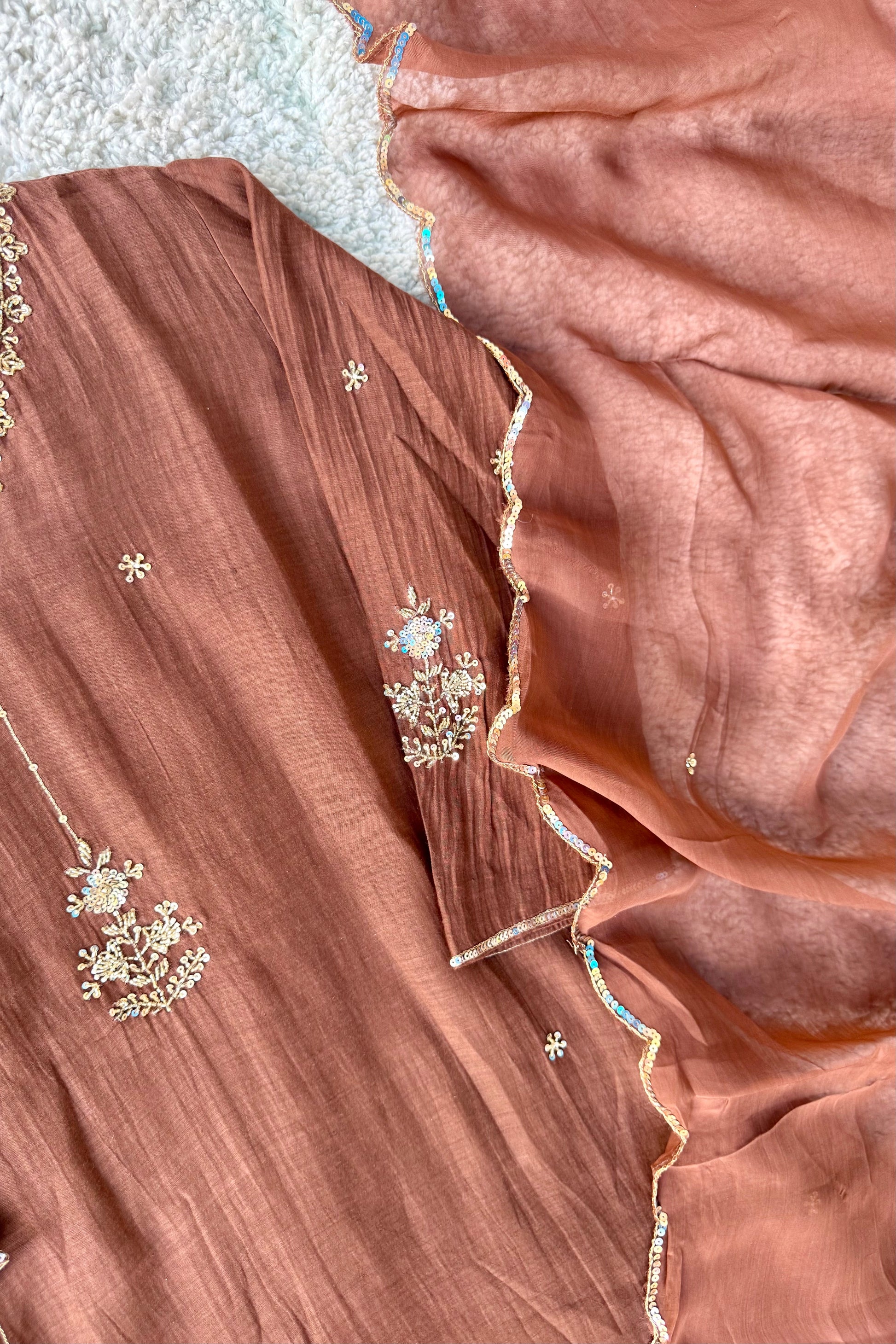 ”Grace- Premium Rich Brown Mul Chanderi Kurta Set 🛍️
