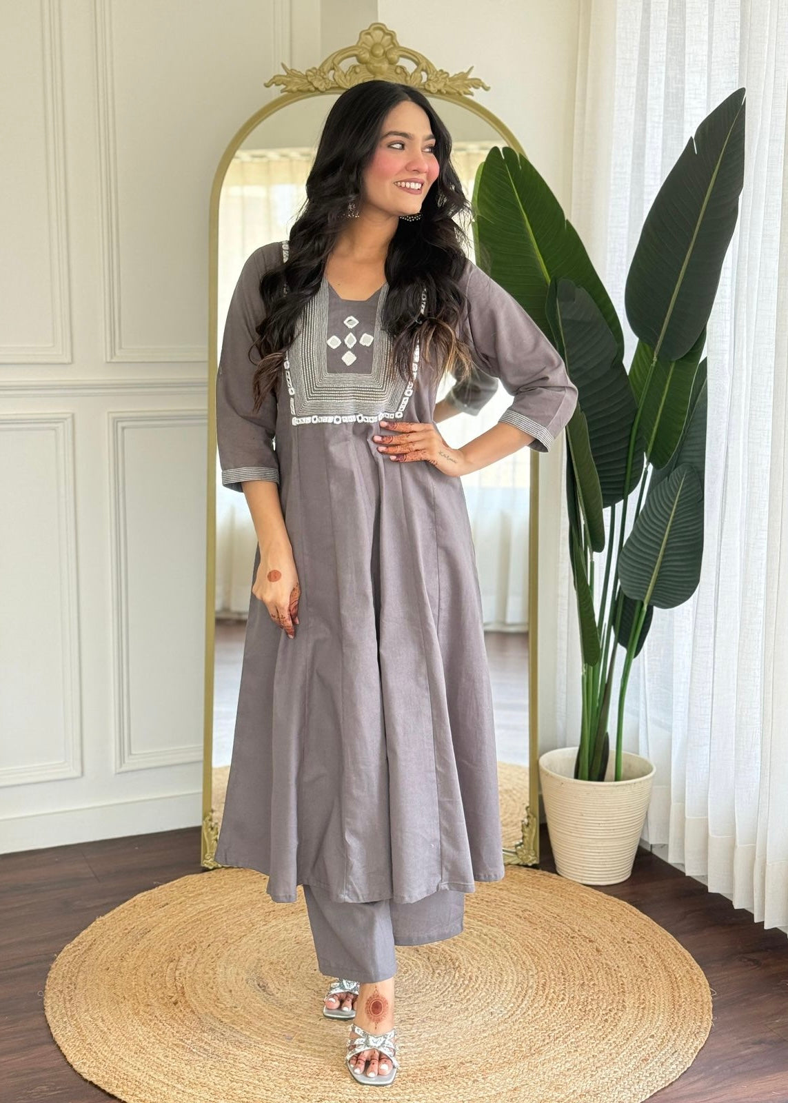 “IRYA" Premium Mirror work cotton A line kurta set
