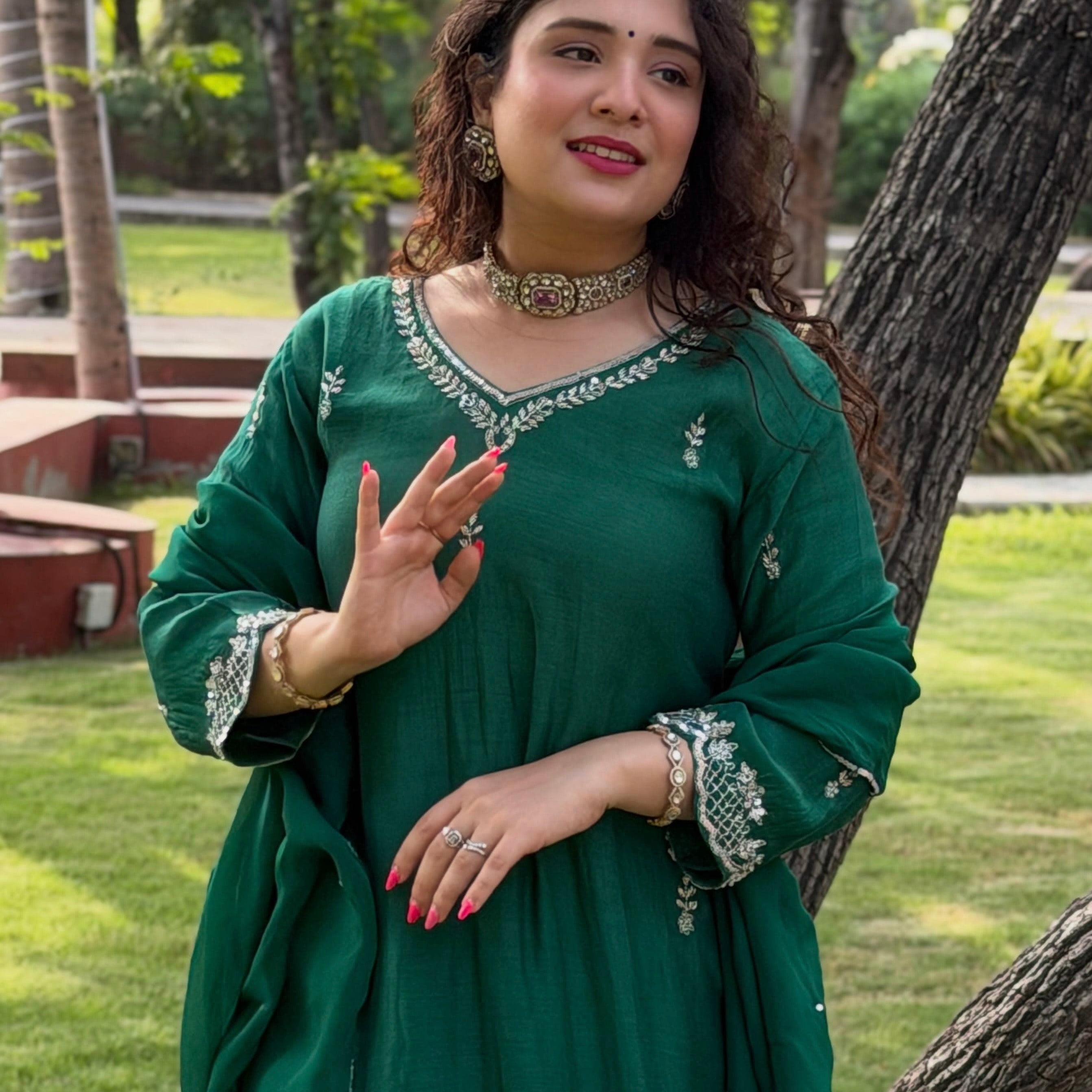 ✨”Eshal - Premium Green Mul Chanderi A-Line Kurta Set