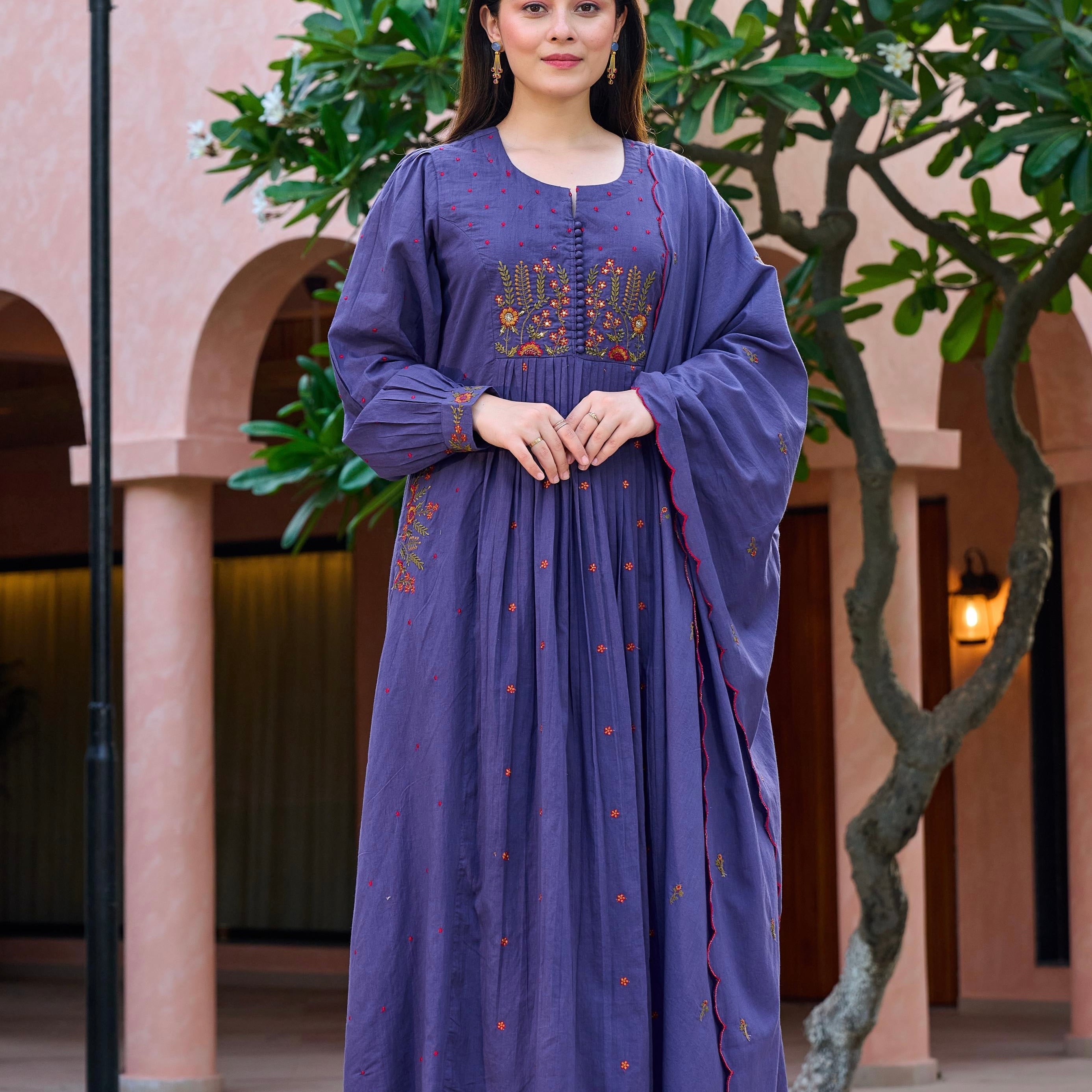 “Hera” Muted Purple Mulmul Anarkali suit set