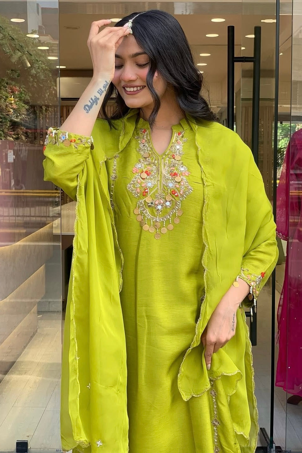“Lime” Greenish Green Dola Silk Heavy Handwork Suit Set