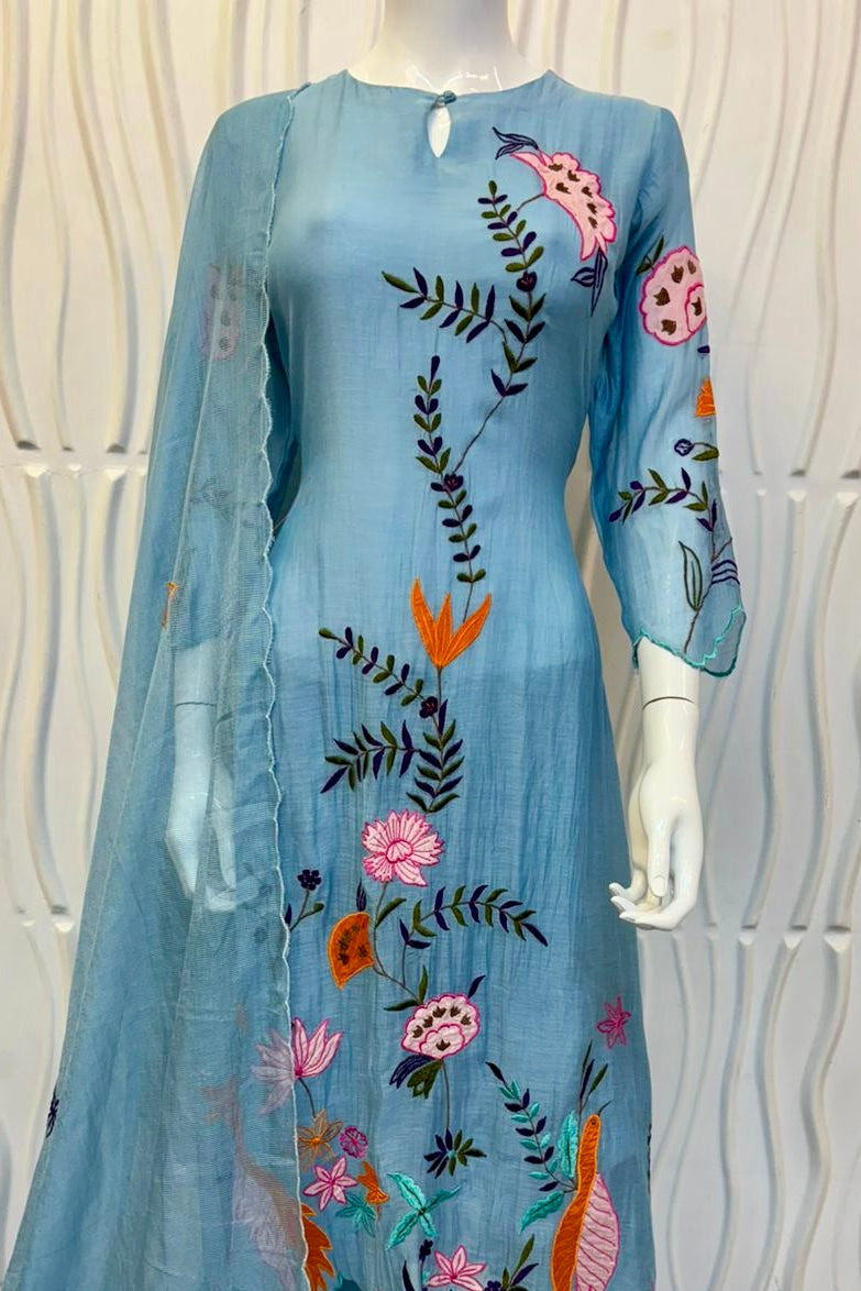 “Pranavi” Beautiful Mul Chanderi A line Anarkali Kurta Set