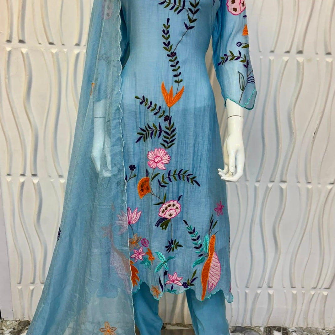 “Pranavi” Beautiful Mul Chanderi A line Anarkali Kurta Set