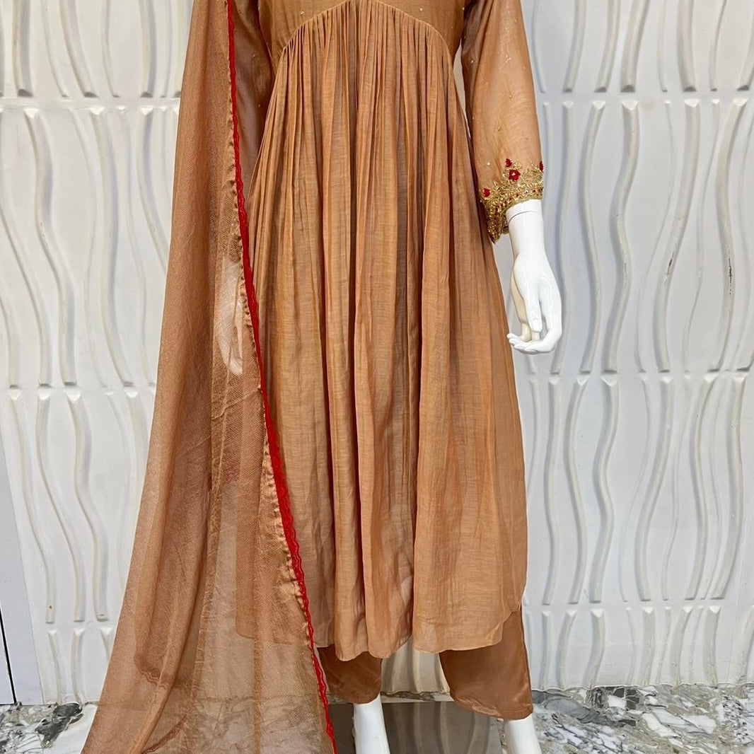 ✨”Almond- Honey Almond Mul Chanderi A-Line Kurta Set