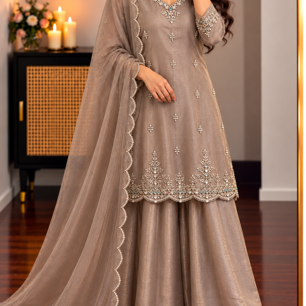 ✨Az02- Champagne Gold Tissue Divider Sharara Suit