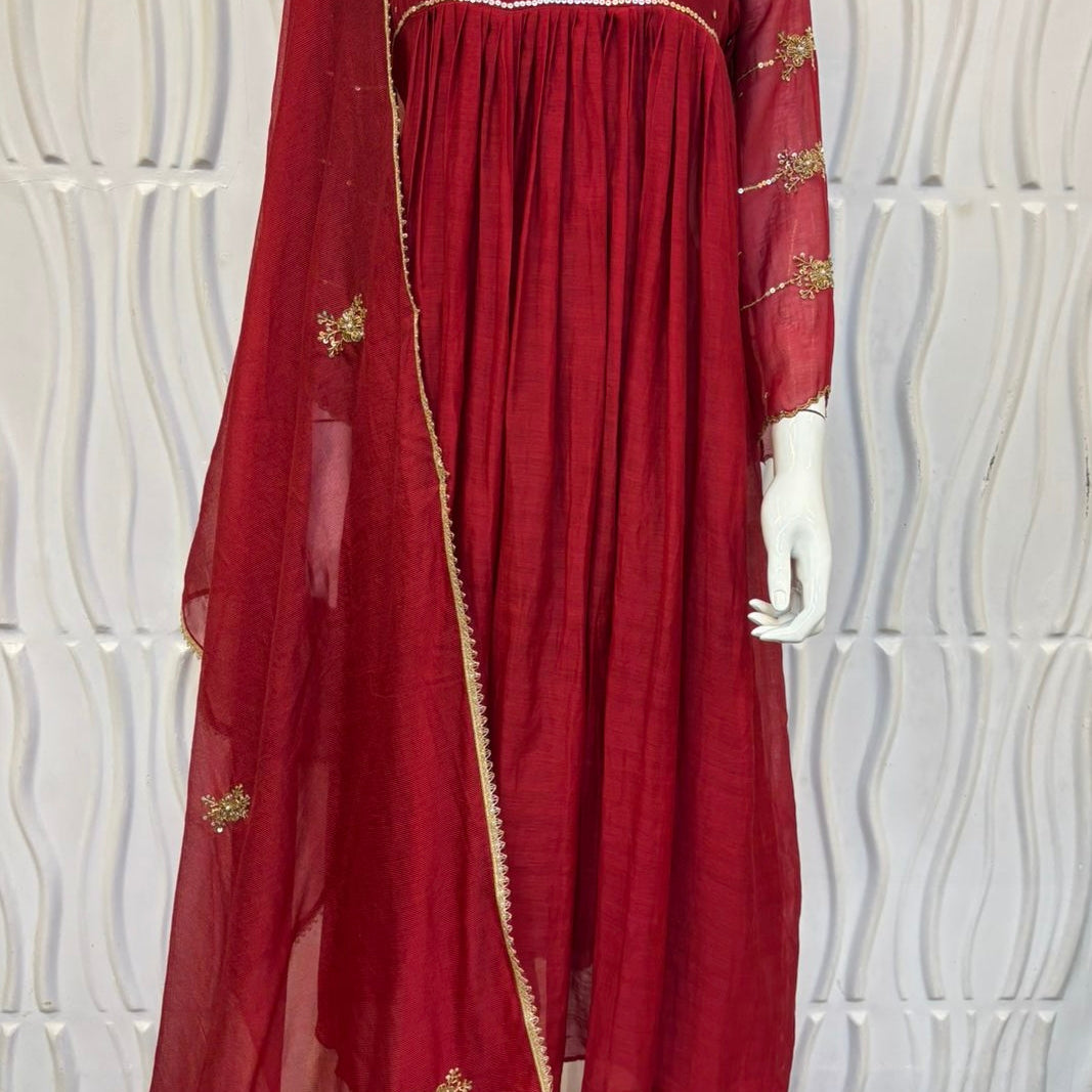 “Anya” Beautiful Red Mul Chanderi A line Anarkali Kurta Set