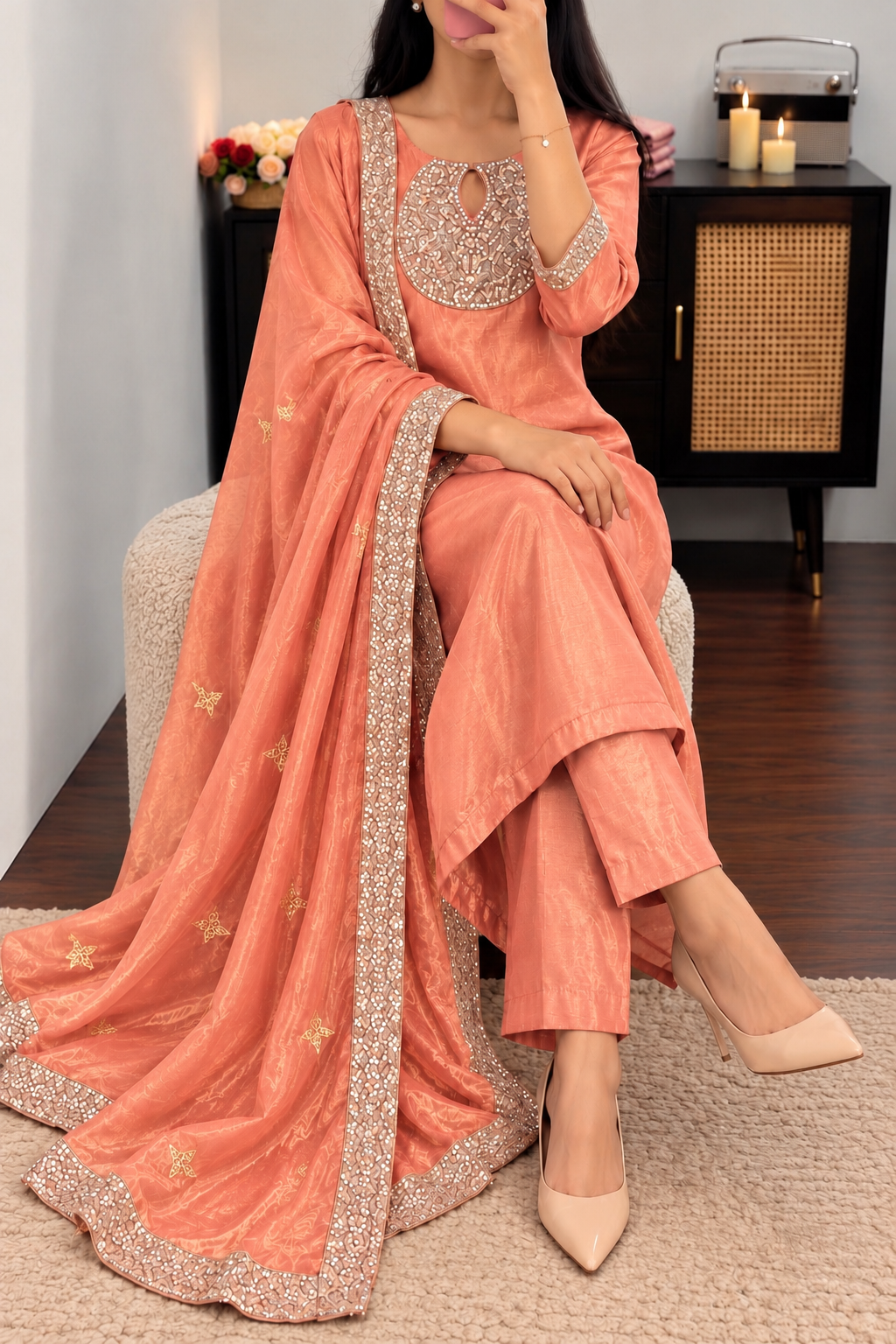 “SHINE” Beautiful Peach with gold shimmer tissue kurta set