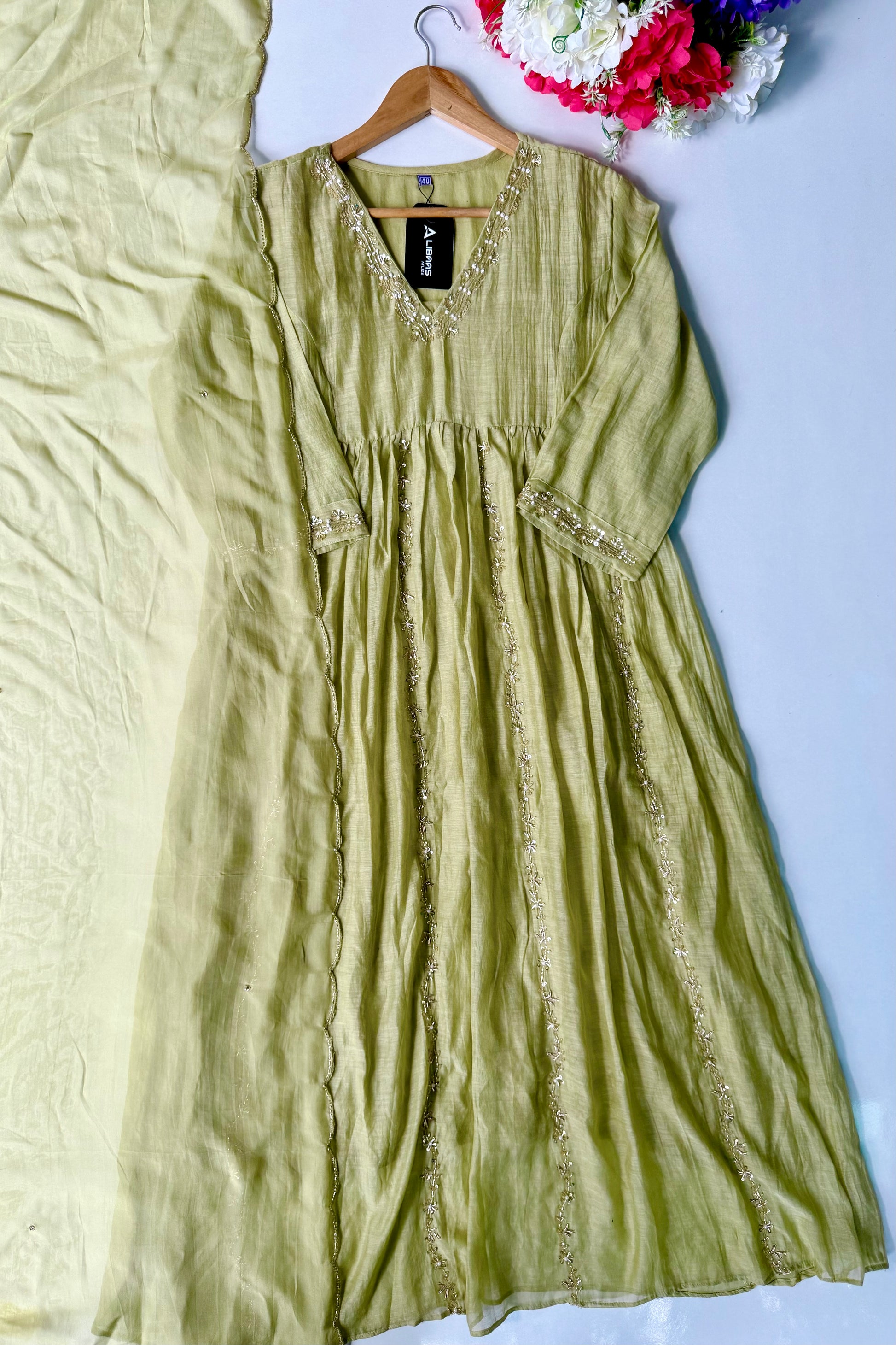 ✨Florence - Olive Pistachio Mul Chanderi Anarkali Suit set 🛍️