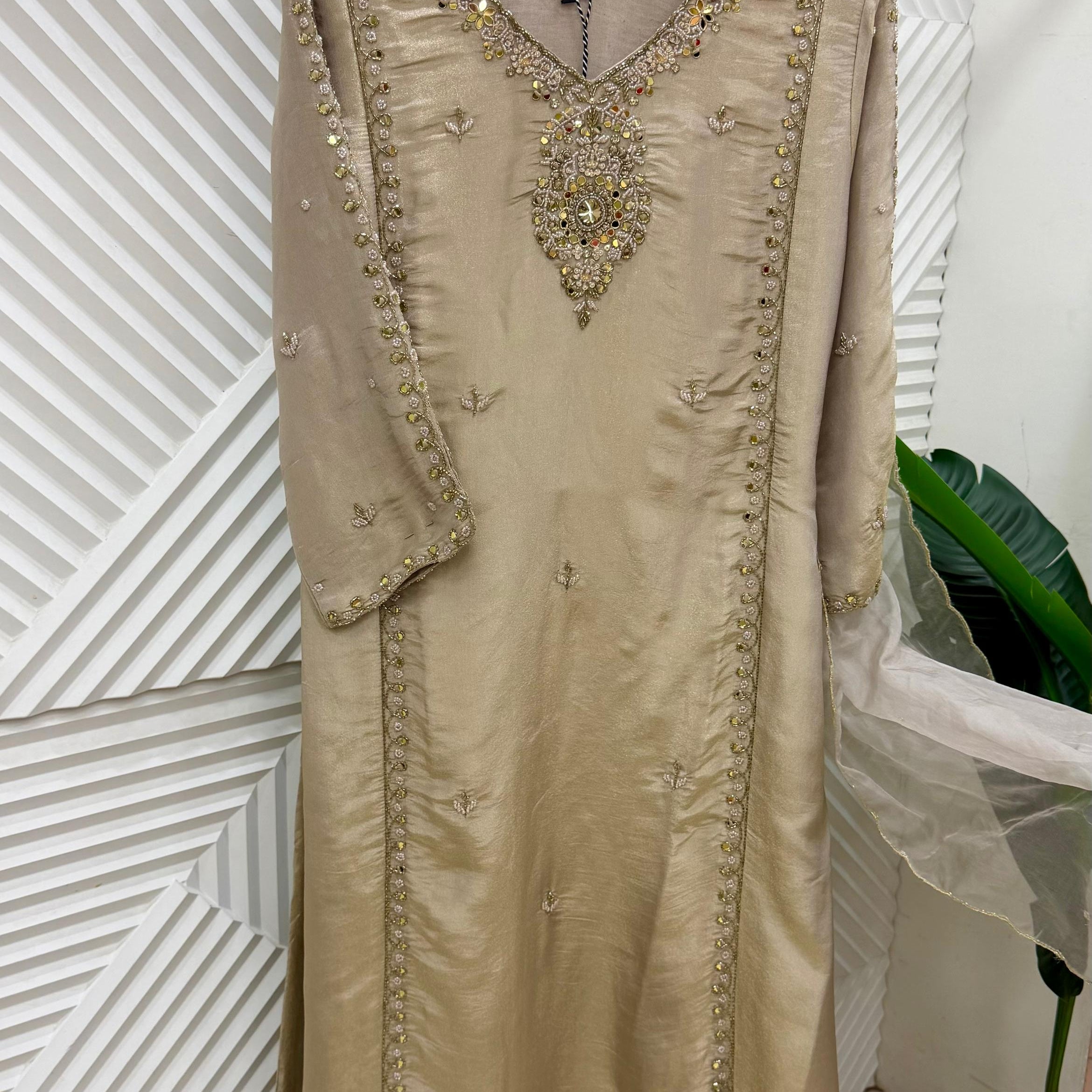 ✨Pearl – Premium Blush Mirror Work Tissue A Line Kurta Sets