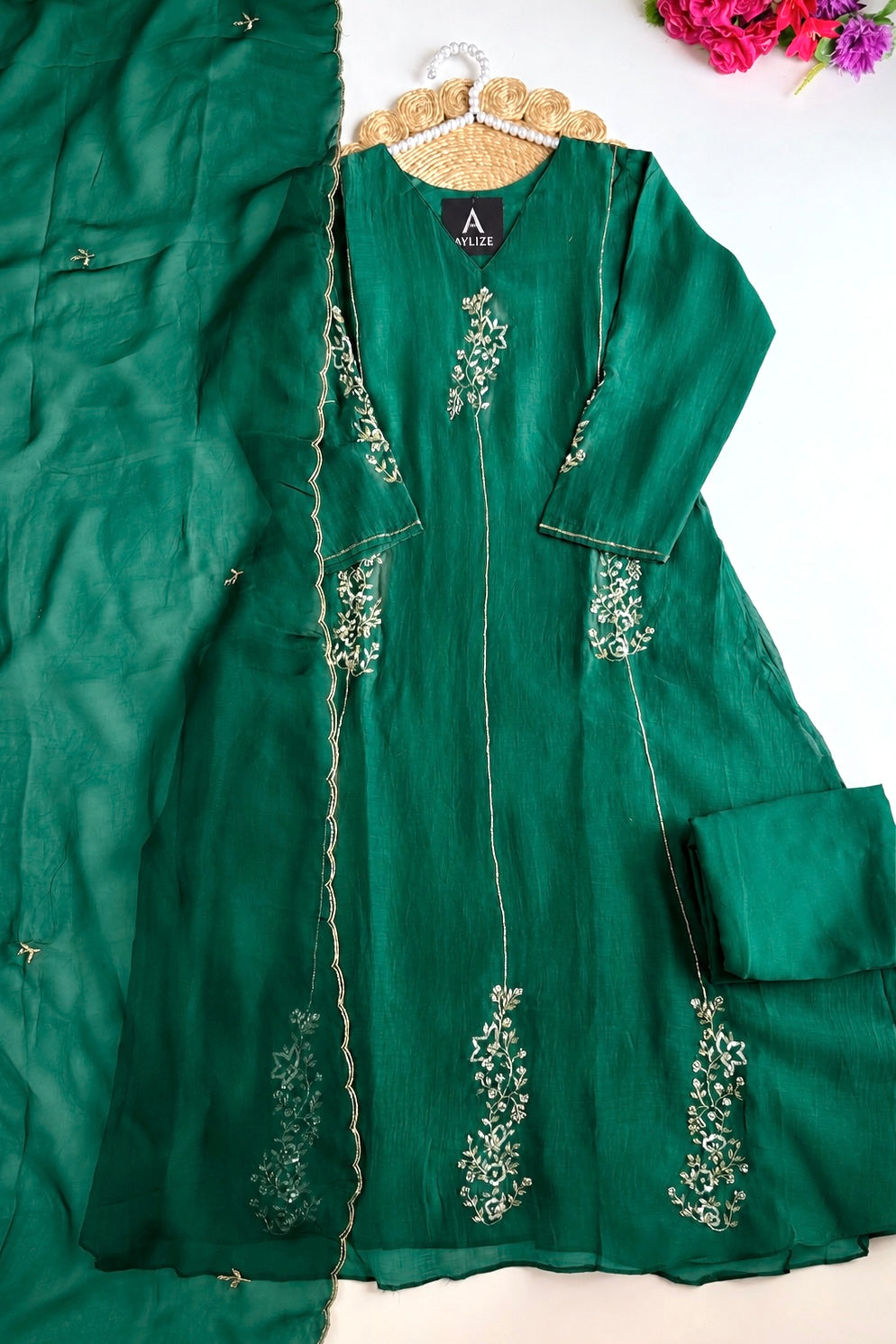 ✨”Rida - Premium Green Mul Chanderi A-Line Kurta Set