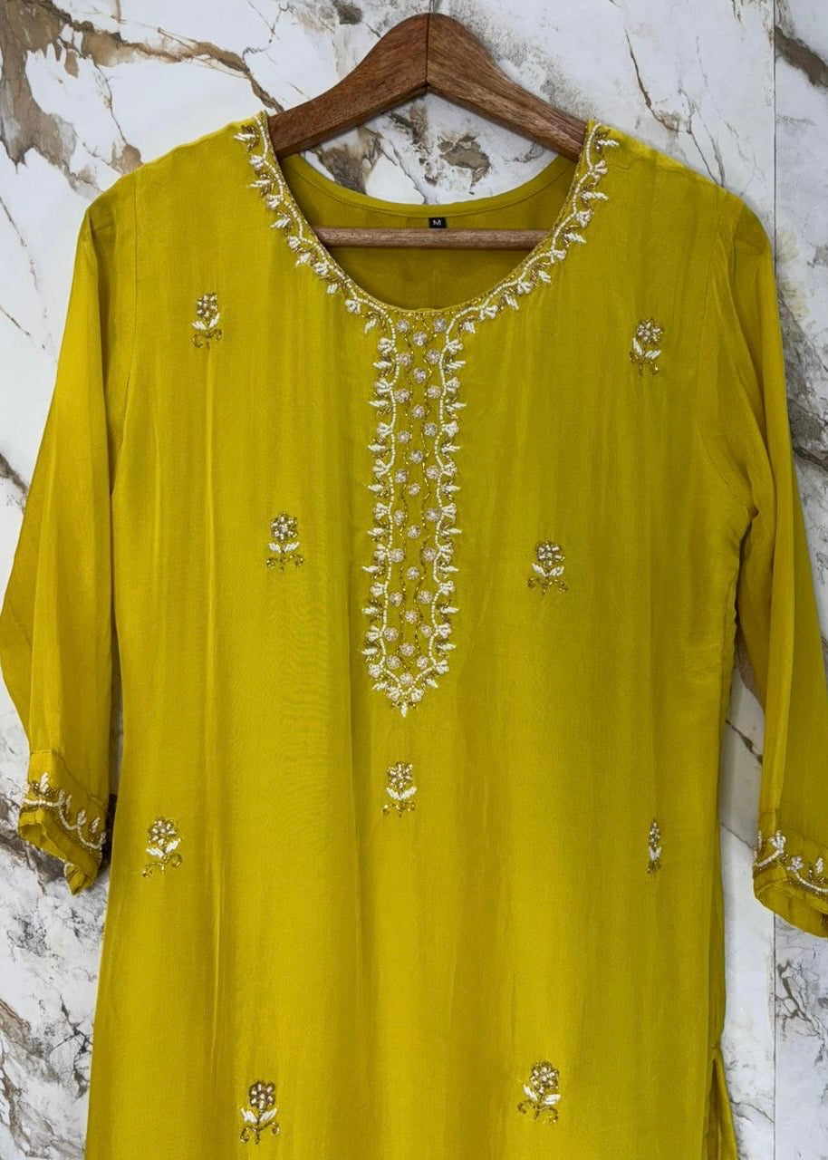 ✨ “Ariana – Mustard Yellow Premium Chinnon handwork kurta set