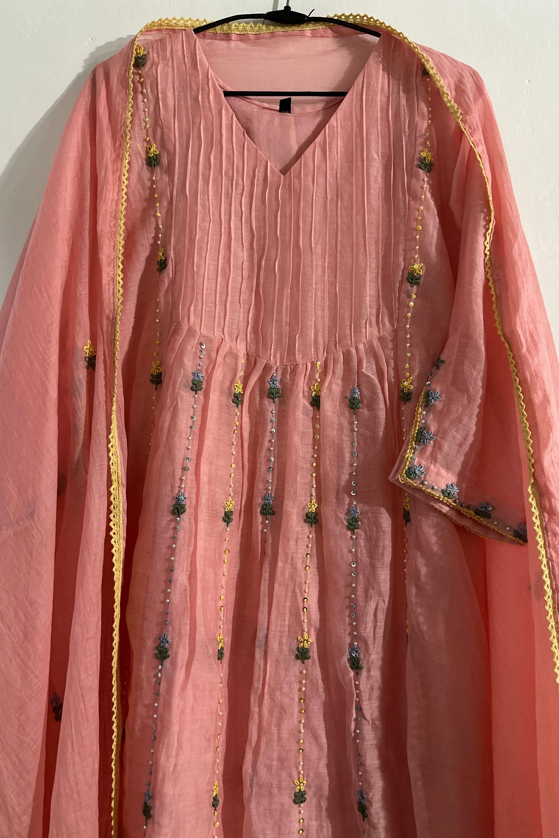 ✨”Sunshine– Premium Blush Pink Banaras Mul Chanderi A-Line Suit