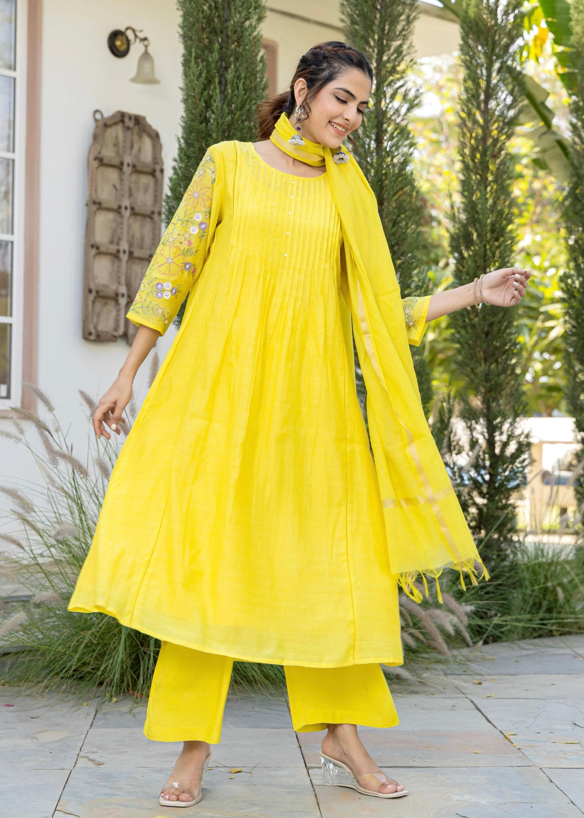 “Aanya” Bright Yellow Mul Chanderi Handwork Anarkali suit set