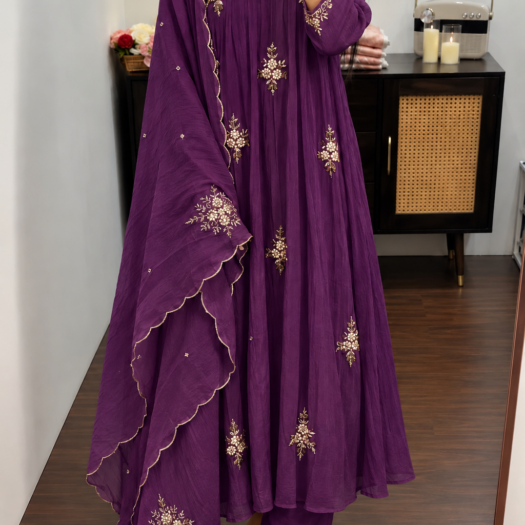 🍊Zidan- Premium Purple Mul Chanderi A Line Suit set