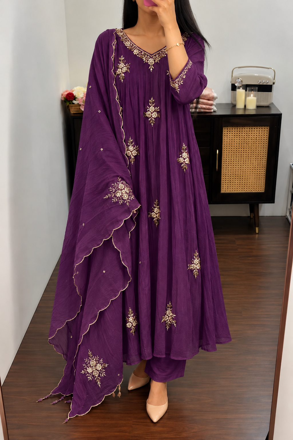 🍊Zidan- Premium Purple Mul Chanderi A Line Suit set