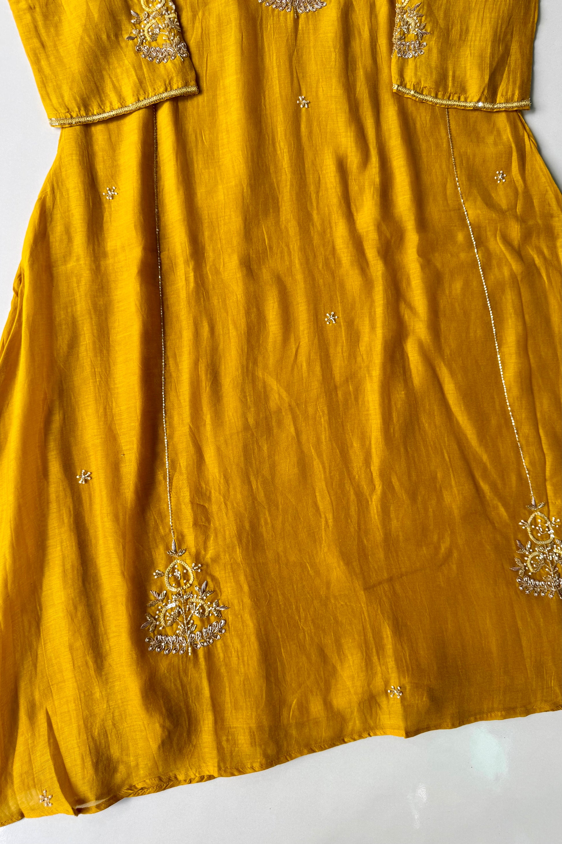✨”Zaria - Mustard Mul Chanderi A-Line Kurta Set