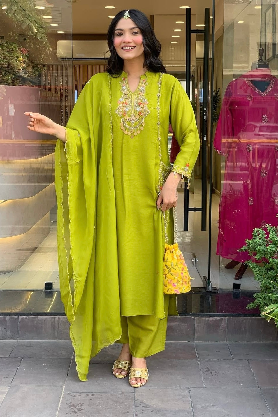 “Lime” Greenish Green Dola Silk Heavy Handwork Suit Set