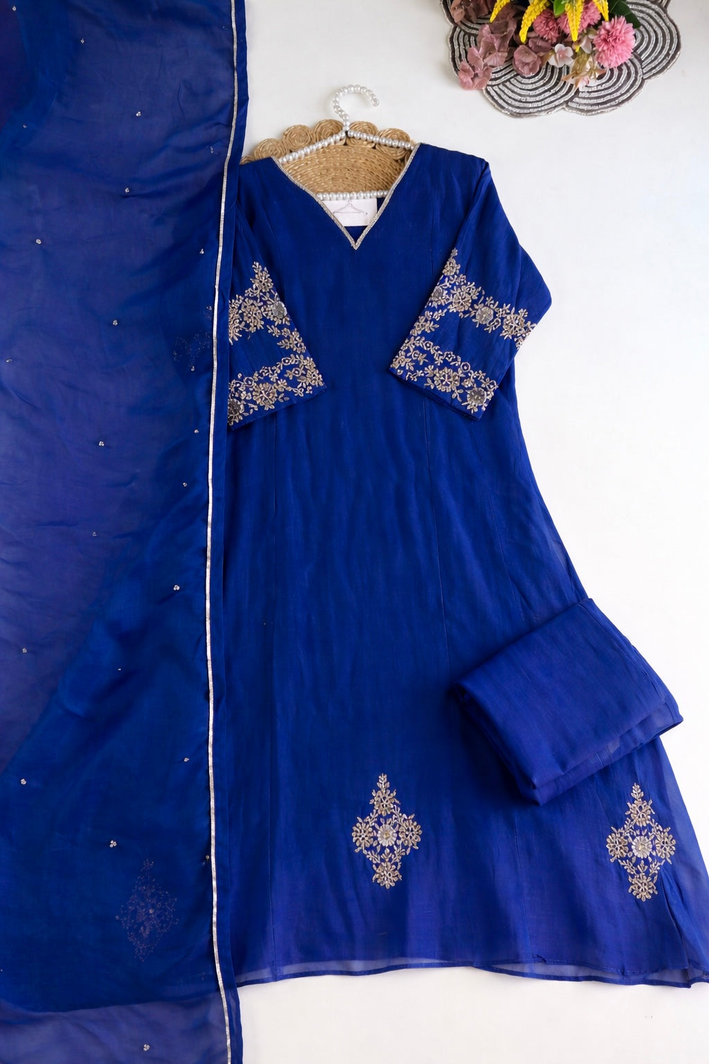 💙”Magic- Party Wear Royal Blue Mul Chanderi A Line Suit set 🛍️