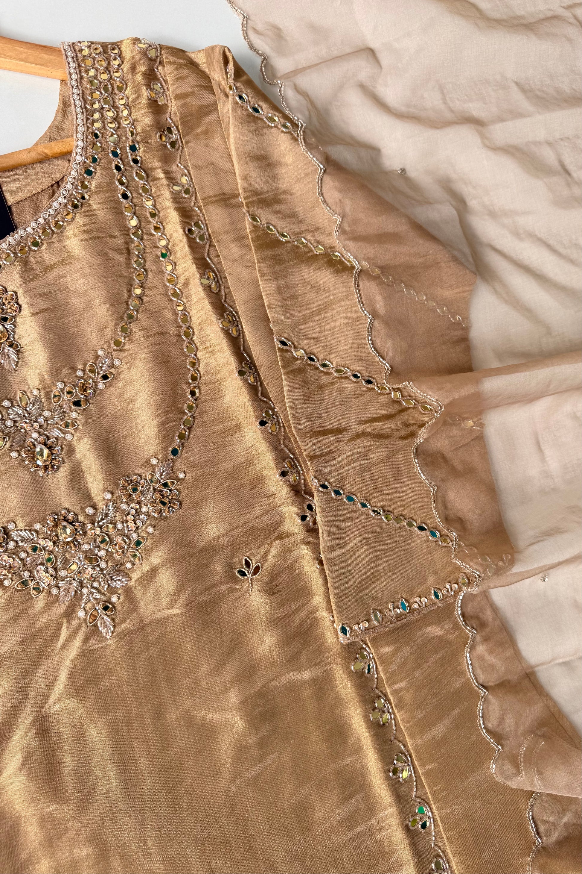 ✨Pearl – Premium Gold Beige  Mirror Work Tissue A Line Kurta Set